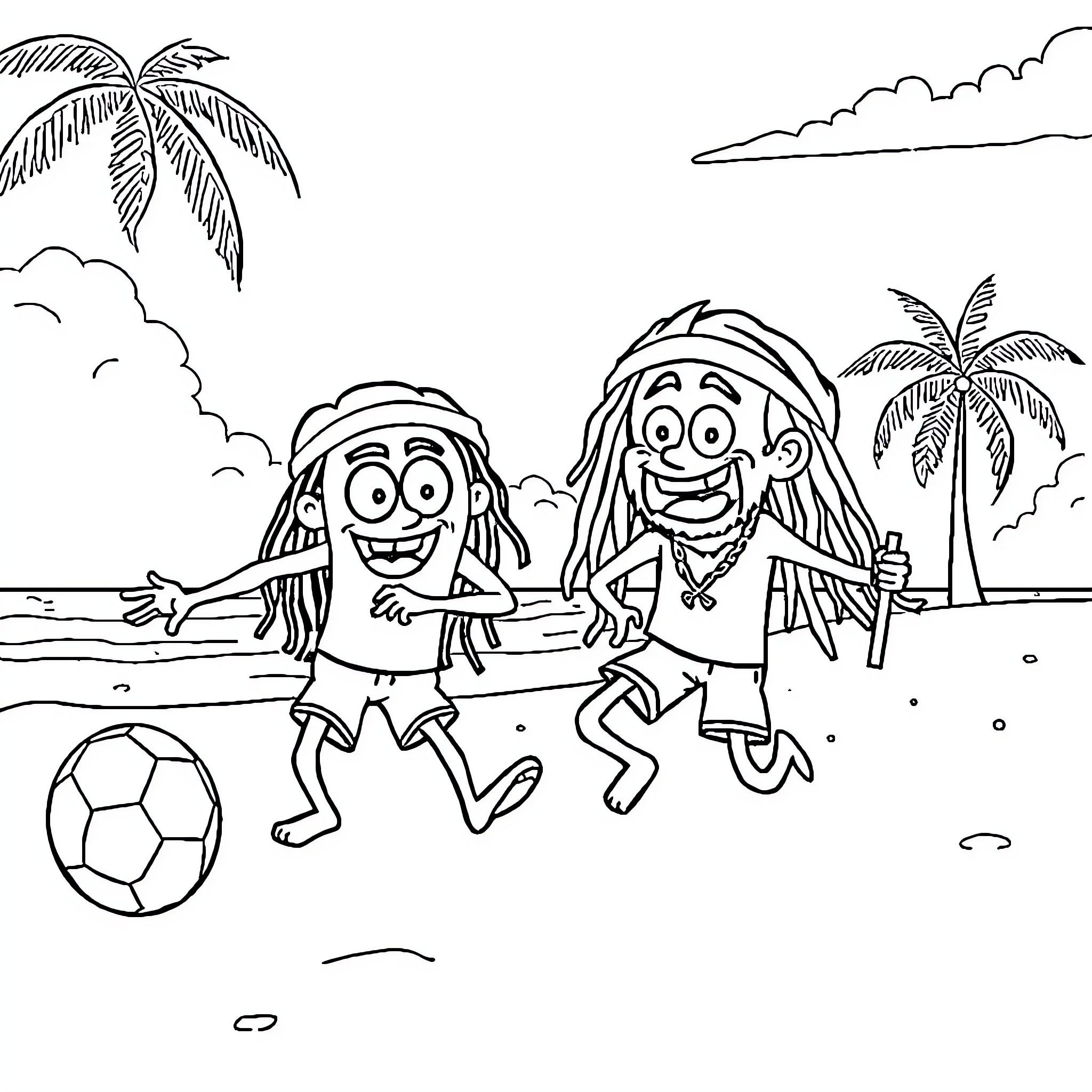 Bob and his friend play soccer on the beach Coloring Page (free black-and-white line drawing printable PDF for all, from beginners to advanced learners, including children, teens, adults, and seniors)