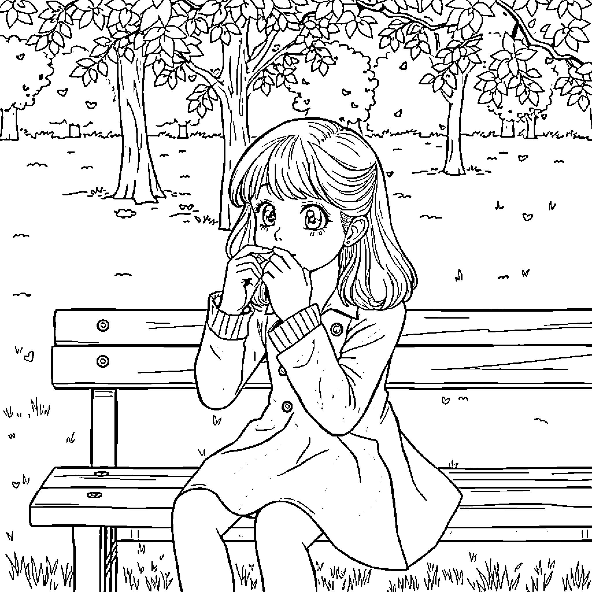 Girl sitting alone on a bench in a park Coloring Page (free black-and-white line drawing printable PDF for all, from beginners to advanced learners, including children, teens, adults, and seniors)