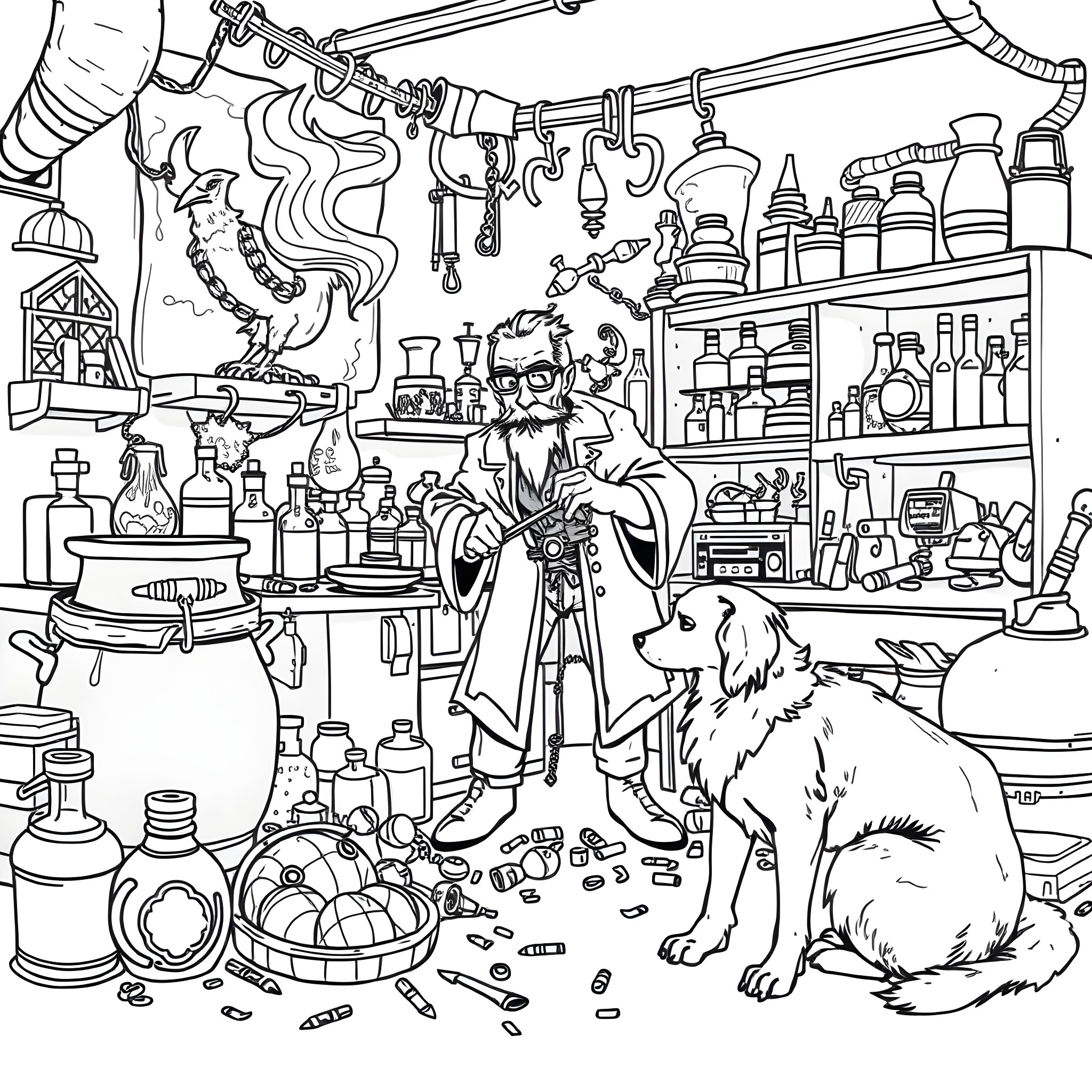 Alchemist at Work in Mystical Laboratory Coloring Page (free black-and-white line drawing printable PDF for all, from beginners to advanced learners, including children, teens, adults, and seniors)