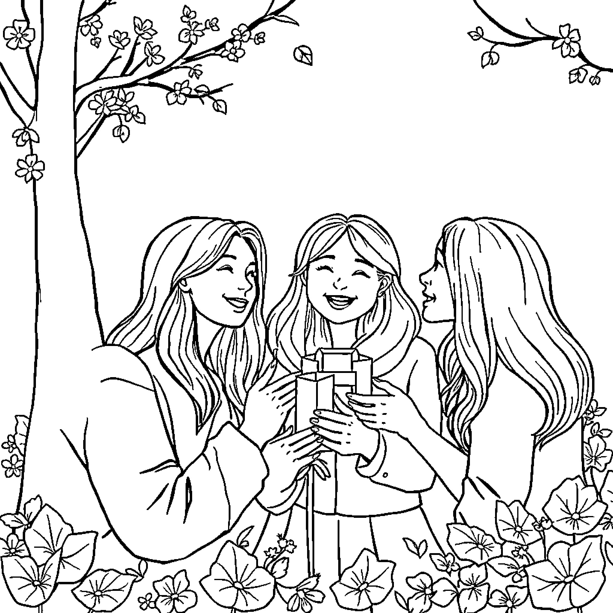 Gratitude among friends in nature's embrace Coloring Page (free black-and-white line drawing printable PDF for all, from beginners to advanced learners, including children, teens, adults, and seniors)