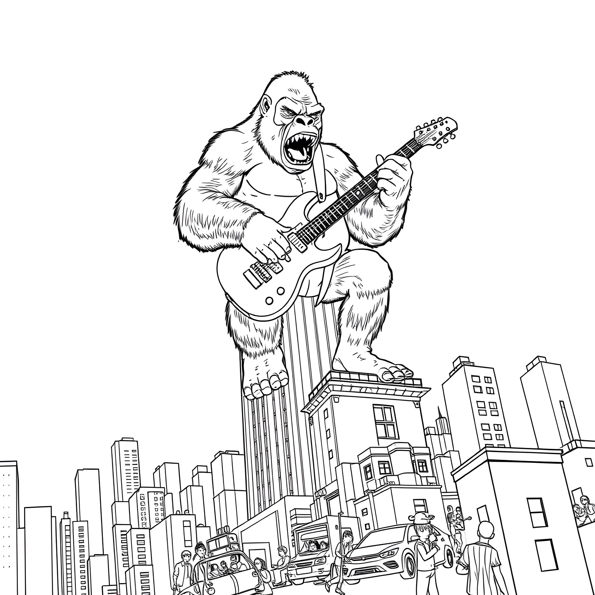 King Kong playing electric guitar in the city Coloring Page (free black-and-white line drawing printable PDF for all, from beginners to advanced learners, including children, teens, adults, and seniors)