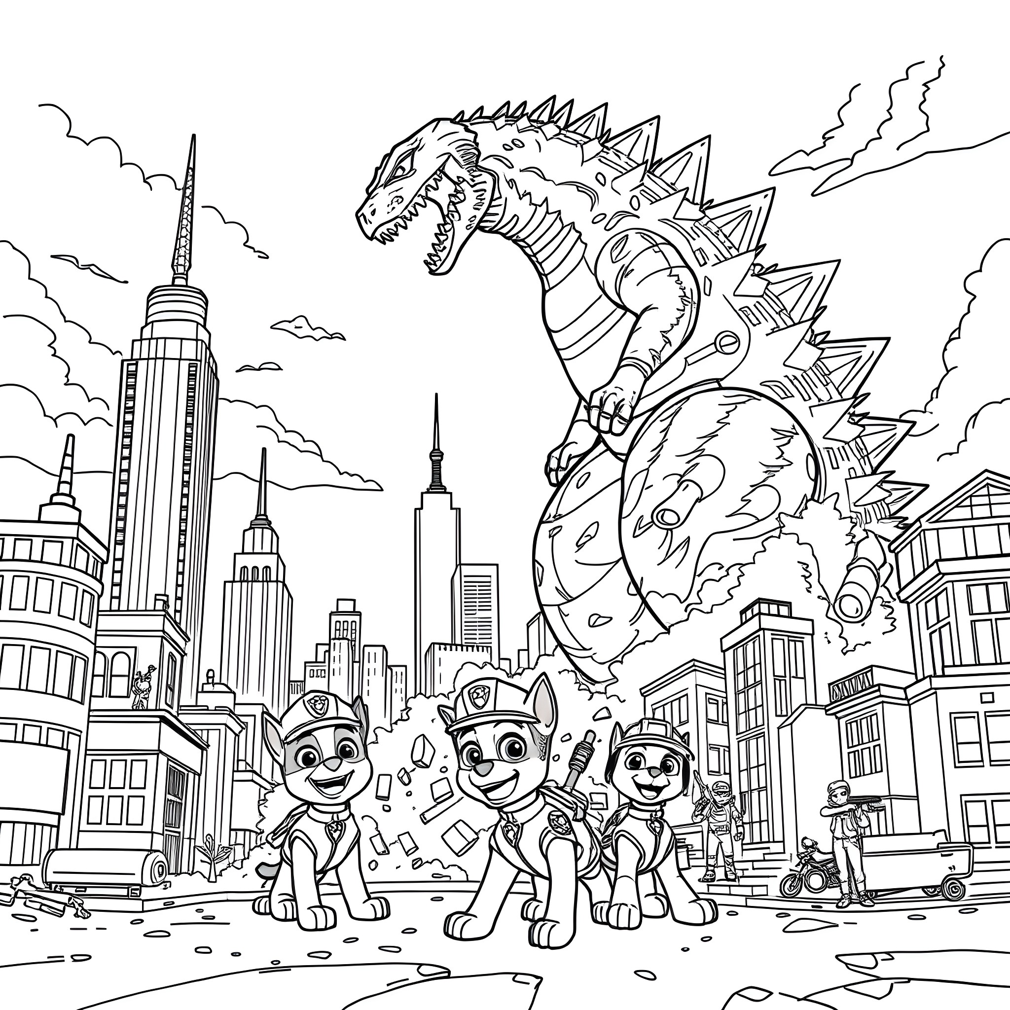 Godzilla Rampages Through the City with Paw Patrol Heroes Coloring Page (free black-and-white line drawing printable PDF for all, from beginners to advanced learners, including children, teens, adults, and seniors)