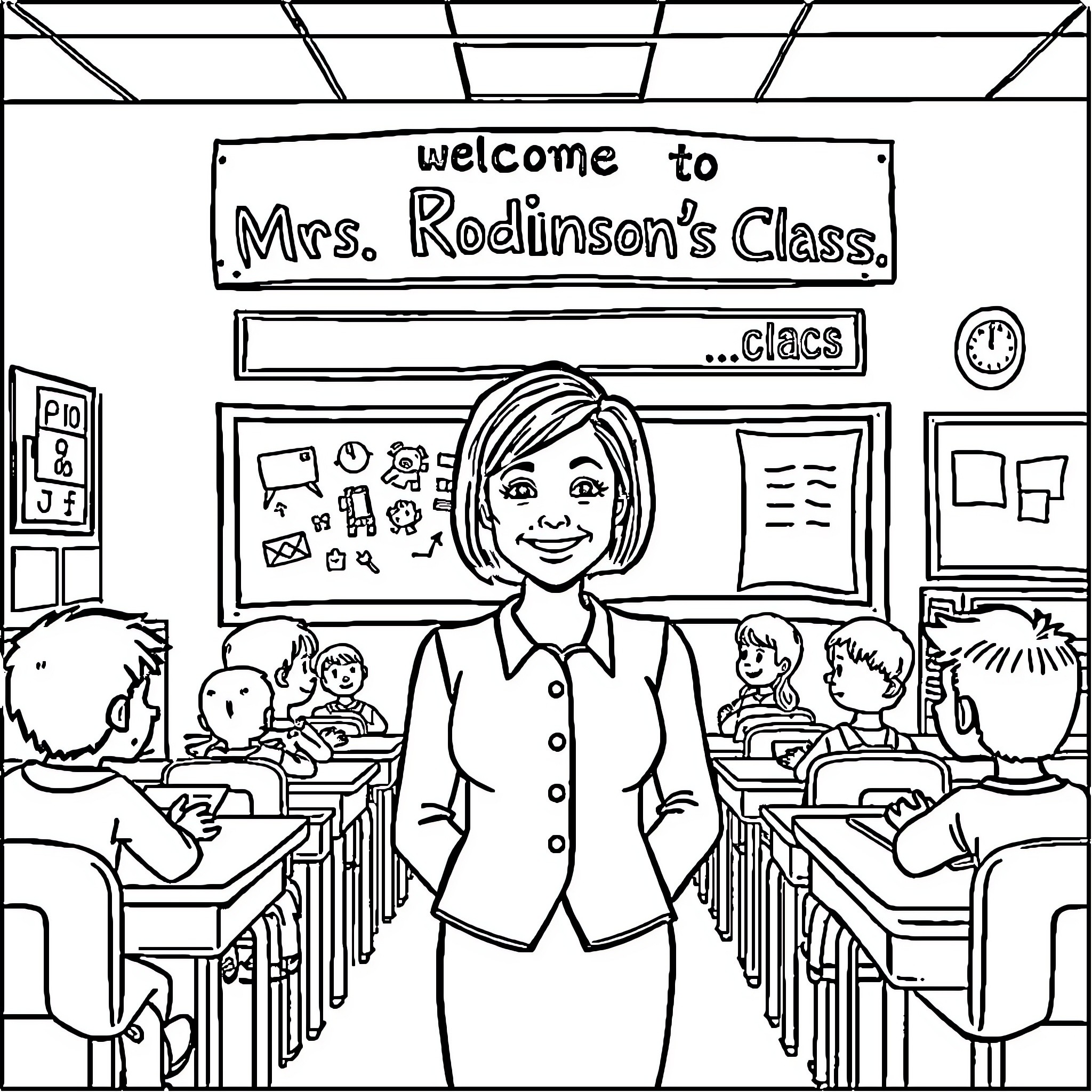 Teacher Welcoming Students to Classroom Coloring Page (free black-and-white line drawing printable PDF for all, from beginners to advanced learners, including children, teens, adults, and seniors)