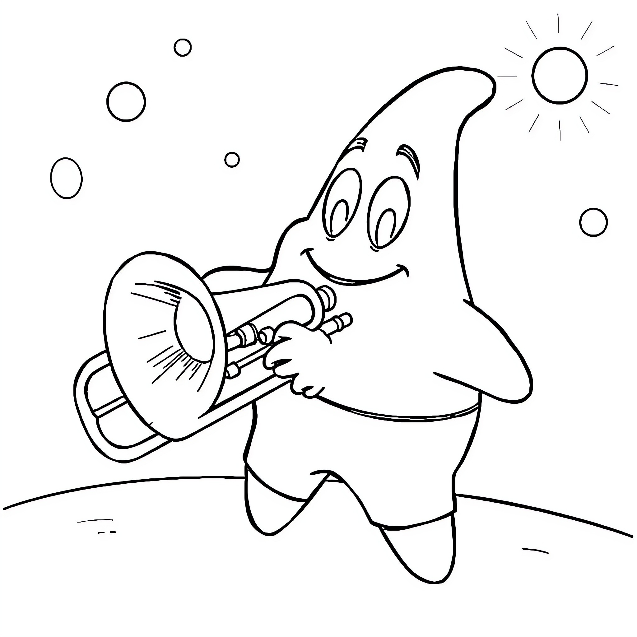 Patrick Star playing his trumpet happily Coloring Page (free black-and-white line drawing printable PDF for all, from beginners to advanced learners, including children, teens, adults, and seniors)