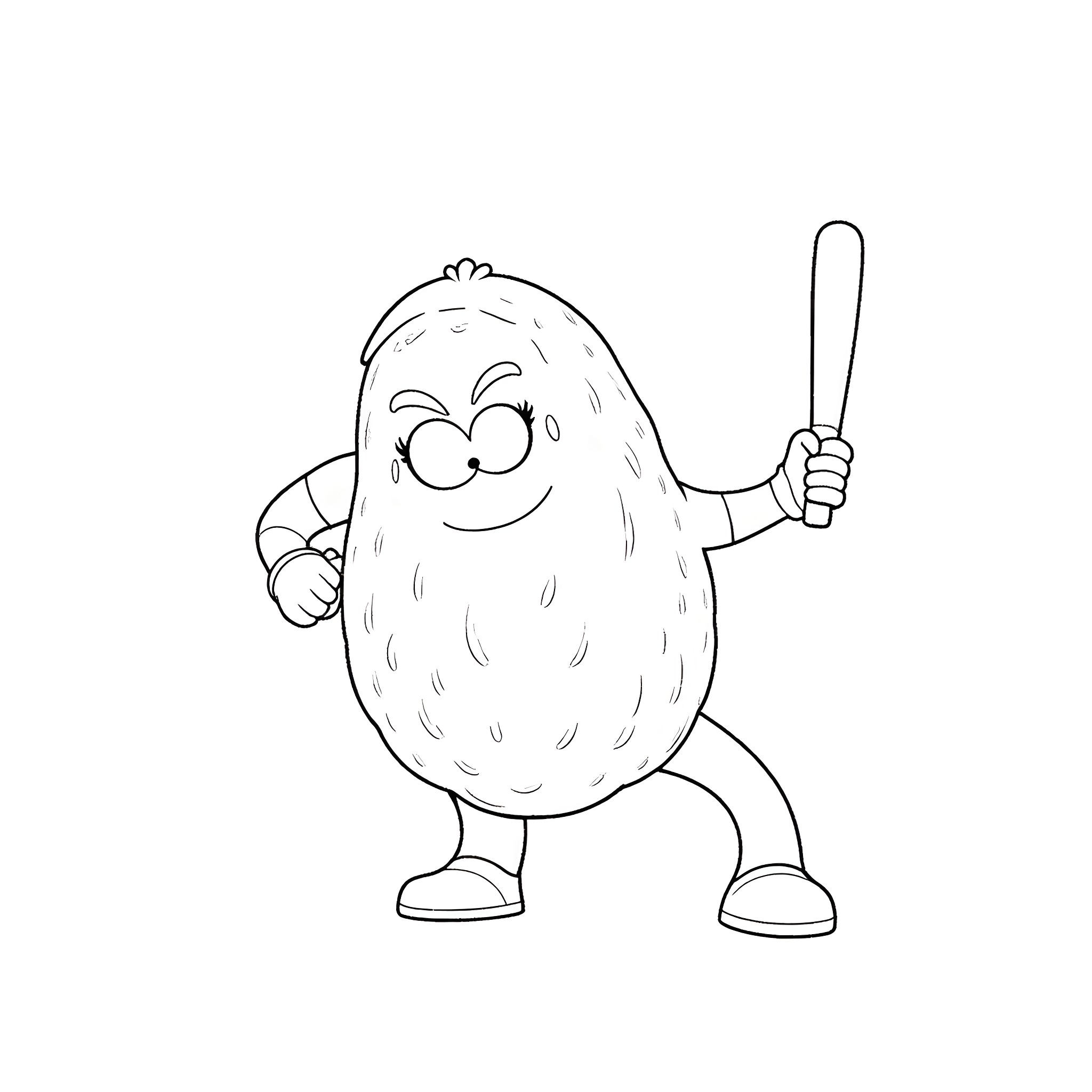 Potato character holding a baseball bat Coloring Page (free black-and-white line drawing printable PDF for all, from beginners to advanced learners, including children, teens, adults, and seniors)