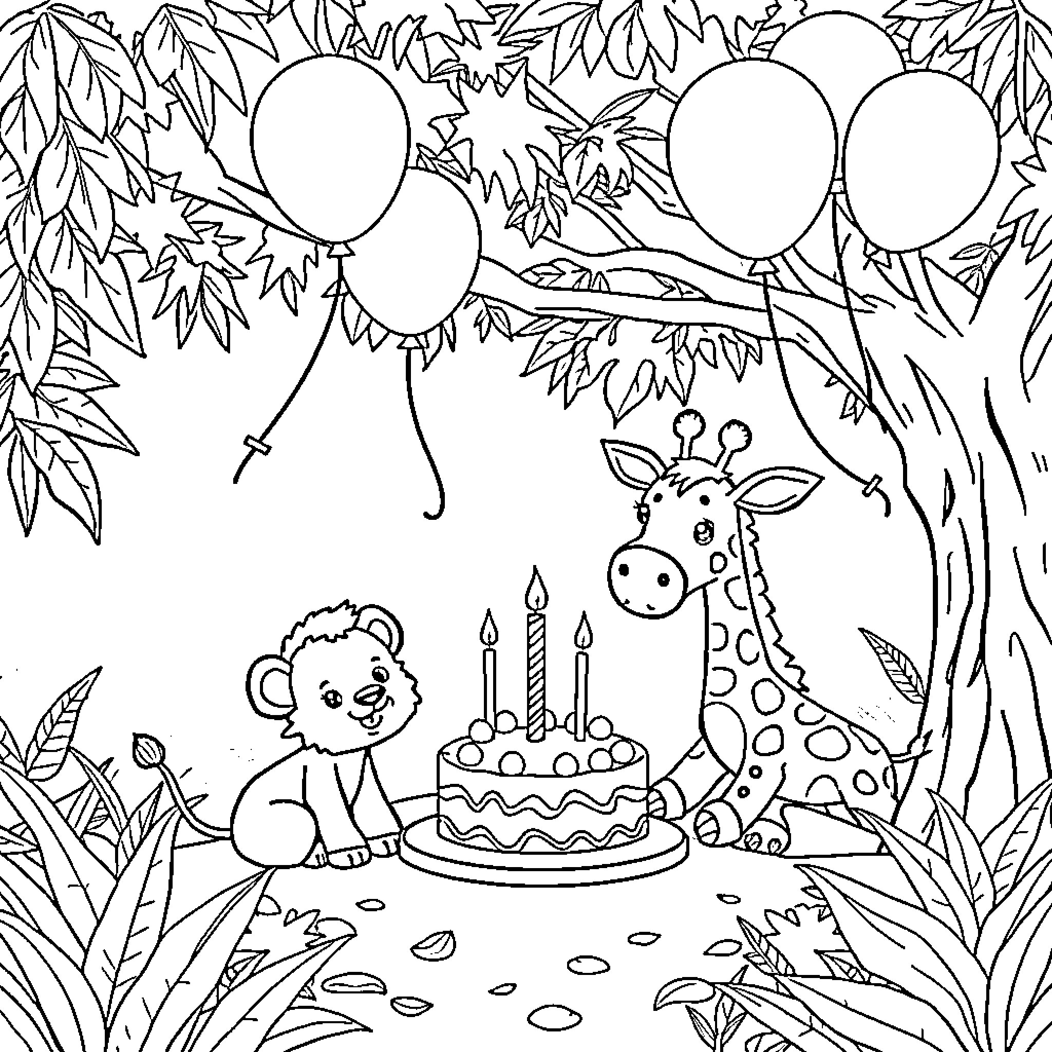 Baby Safari Animal Birthday Celebration in the Jungle Coloring Page (free black-and-white line drawing printable PDF for all, from beginners to advanced learners, including children, teens, adults, and seniors)