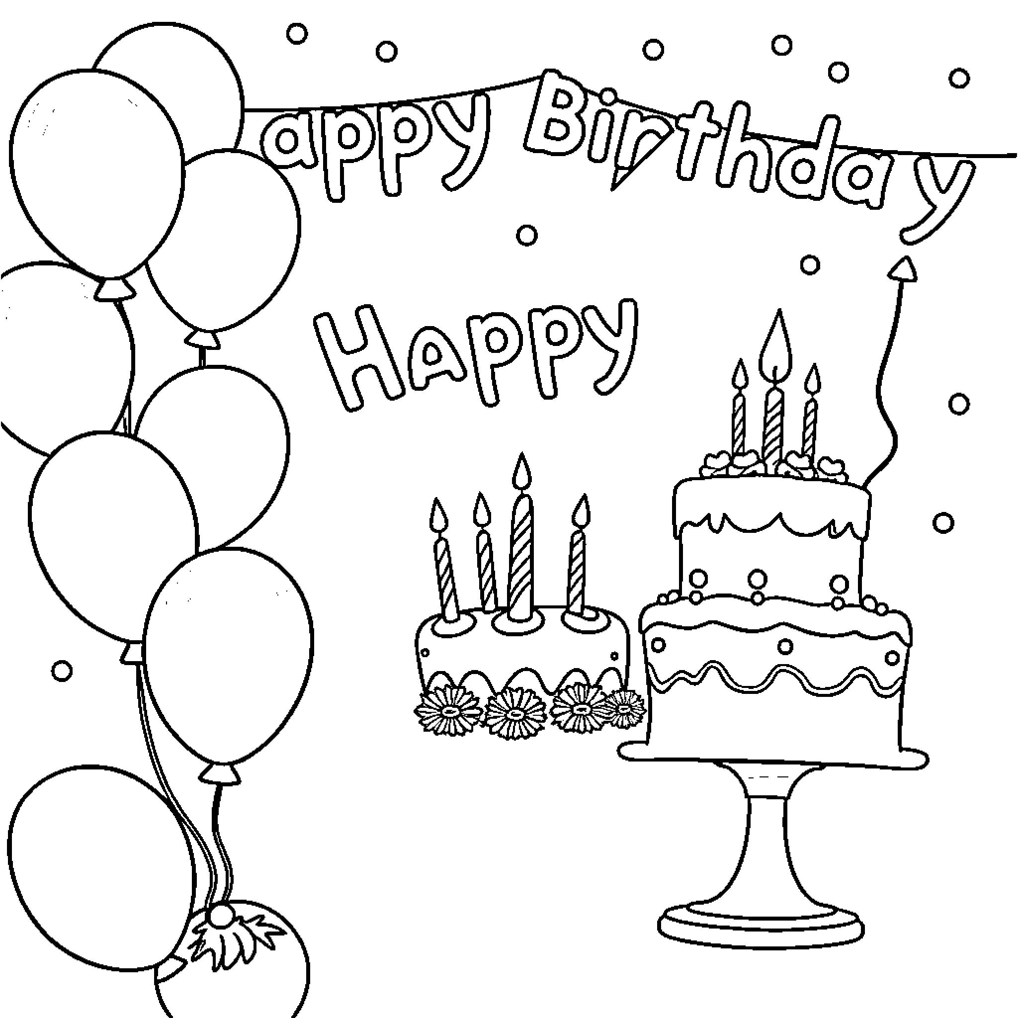 Birthday Celebration with Cake and Balloons Coloring Page (free black-and-white line drawing printable PDF for all, from beginners to advanced learners, including children, teens, adults, and seniors)