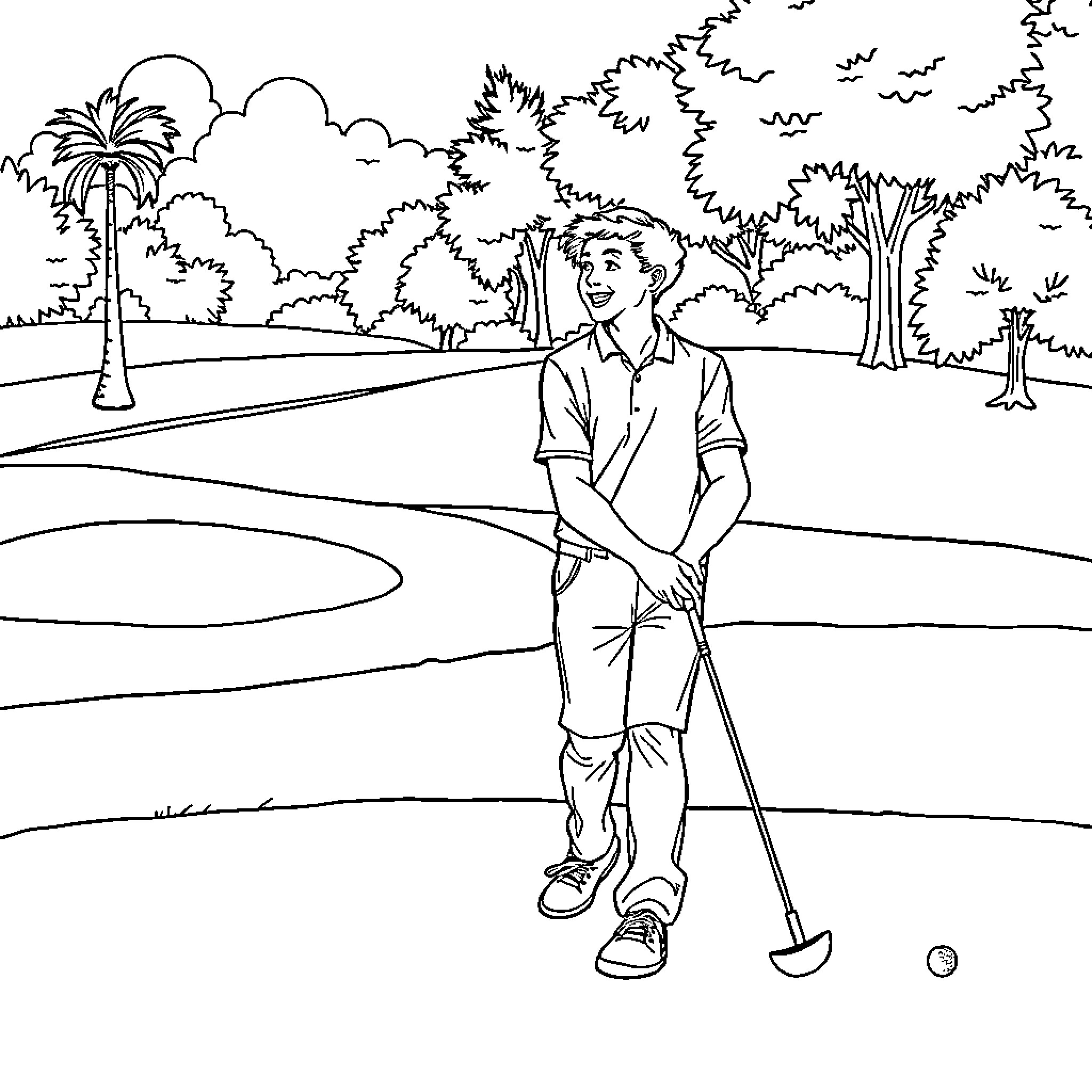 Brother golfing in scenic outdoor park Coloring Page (free black-and-white line drawing printable PDF for all, from beginners to advanced learners, including children, teens, adults, and seniors)