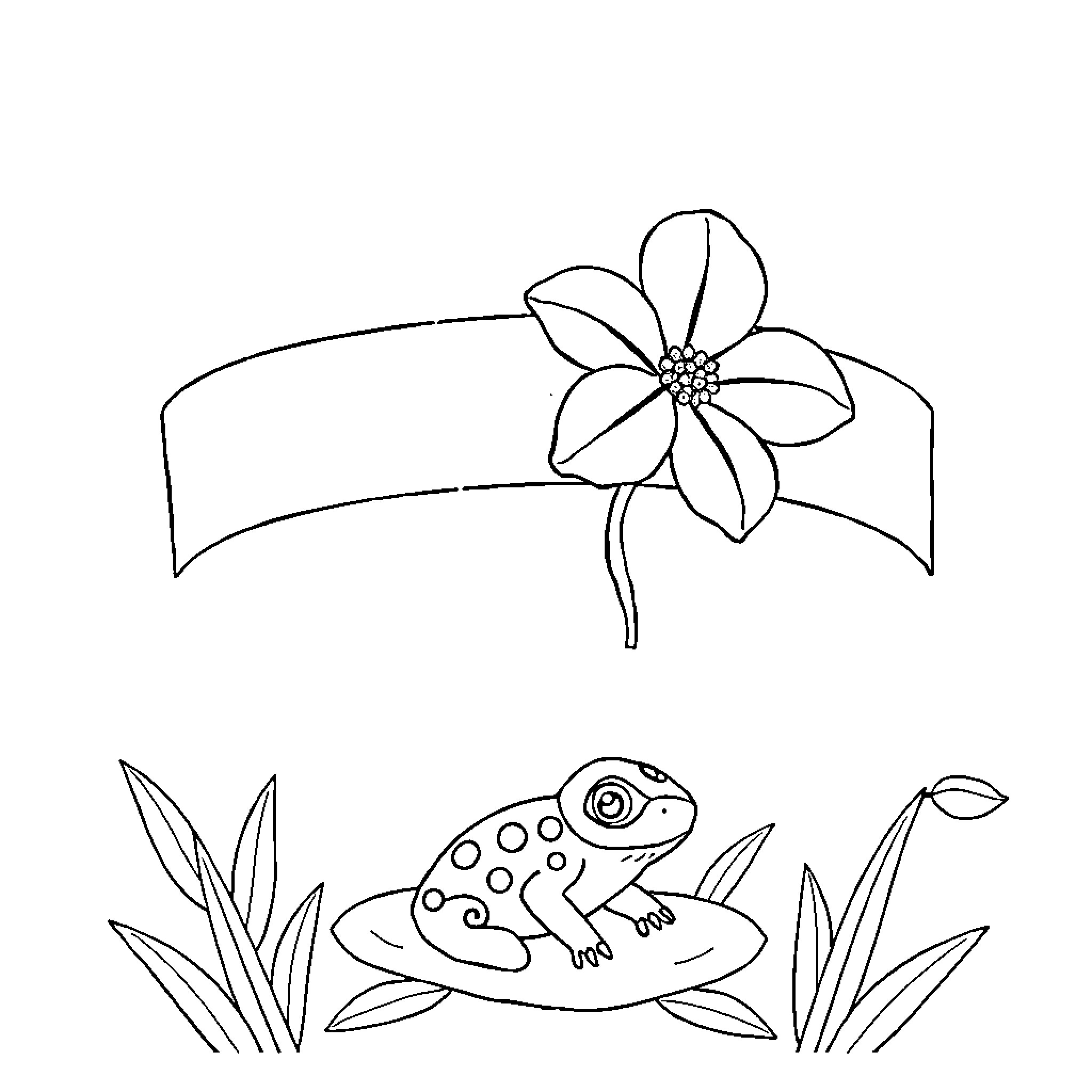 Bandera of flower and frog in nature Coloring Page (free black-and-white line drawing printable PDF for all, from beginners to advanced learners, including children, teens, adults, and seniors)