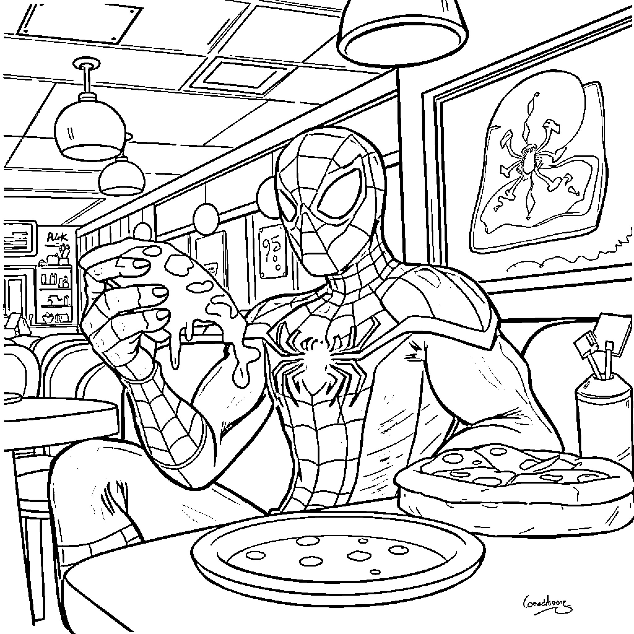 Spiderman enjoying a pizza in his apartment Coloring Page (free black-and-white line drawing printable PDF for all, from beginners to advanced learners, including children, teens, adults, and seniors)