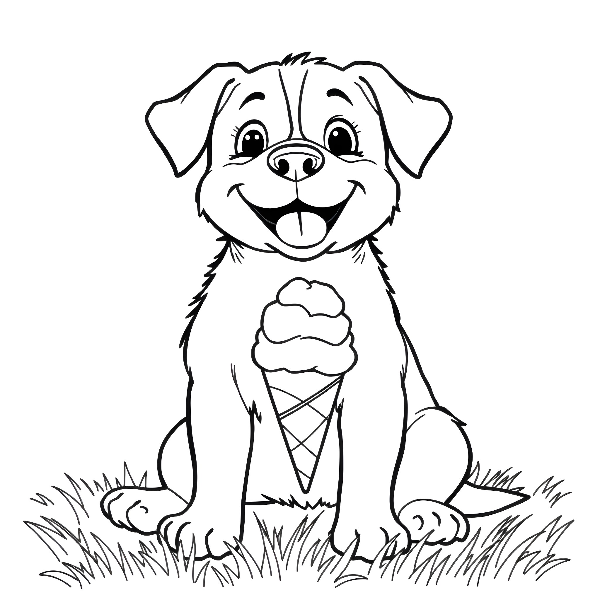 Dog enjoying an ice cream cone in the park Coloring Page (free black-and-white line drawing printable PDF for all, from beginners to advanced learners, including children, teens, adults, and seniors)