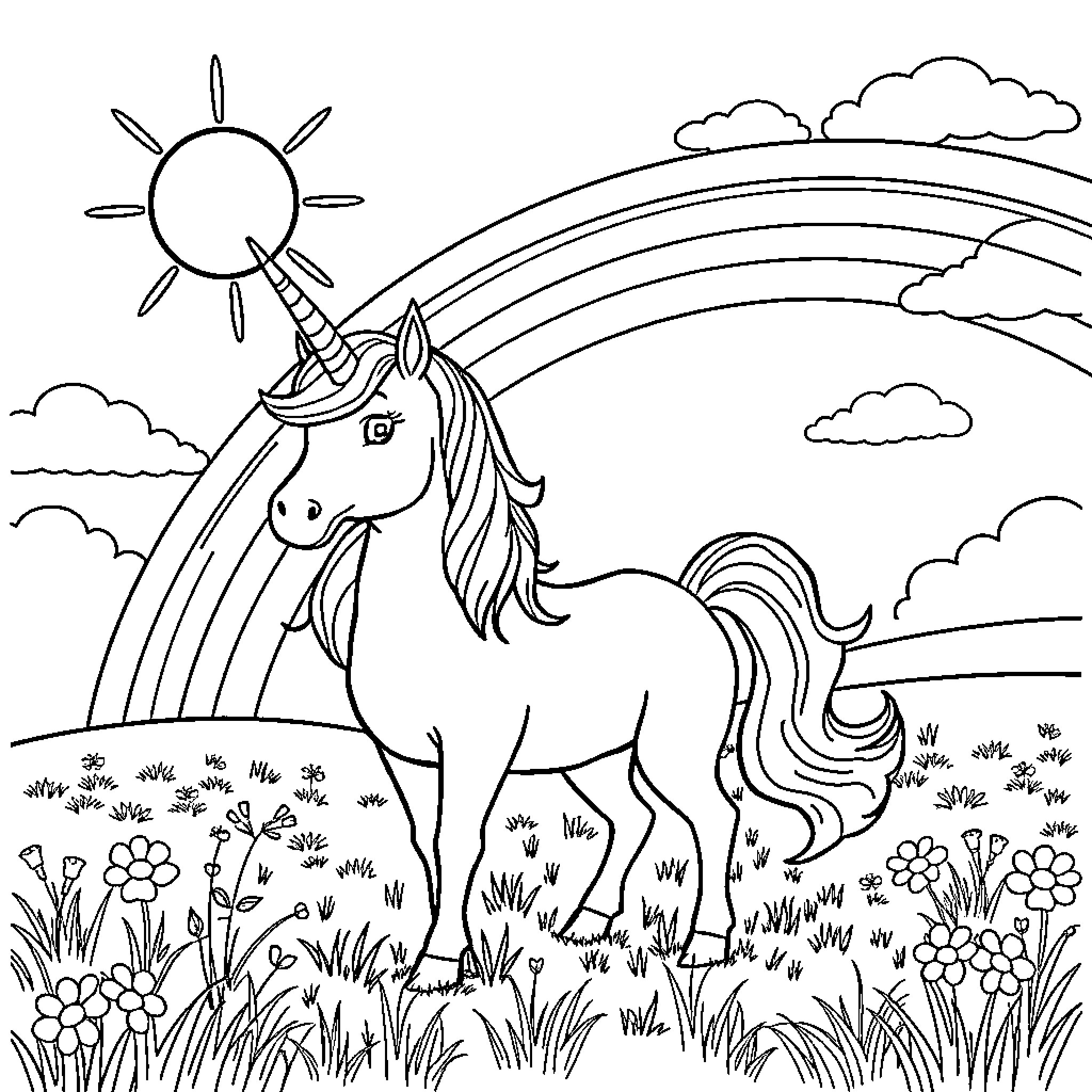 Unicorn standing in a meadow under a rainbow Coloring Page (free black-and-white line drawing printable PDF for all, from beginners to advanced learners, including children, teens, adults, and seniors)