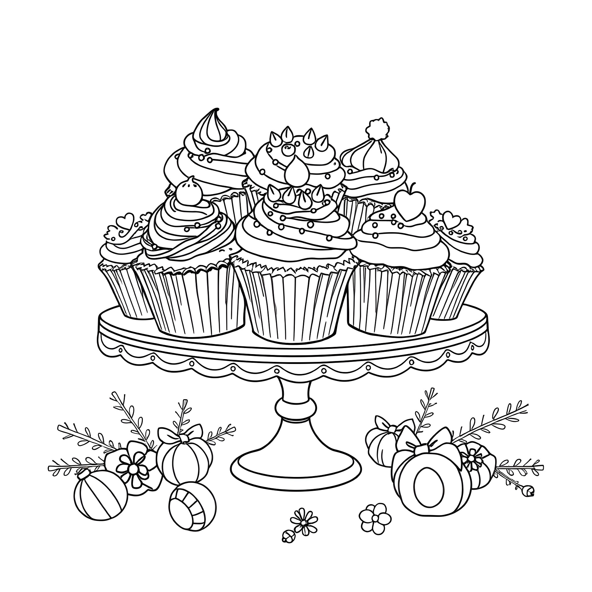 Cupcake Delight on Ornate Dessert Stand Coloring Page (free black-and-white line drawing printable PDF for all, from beginners to advanced learners, including children, teens, adults, and seniors)