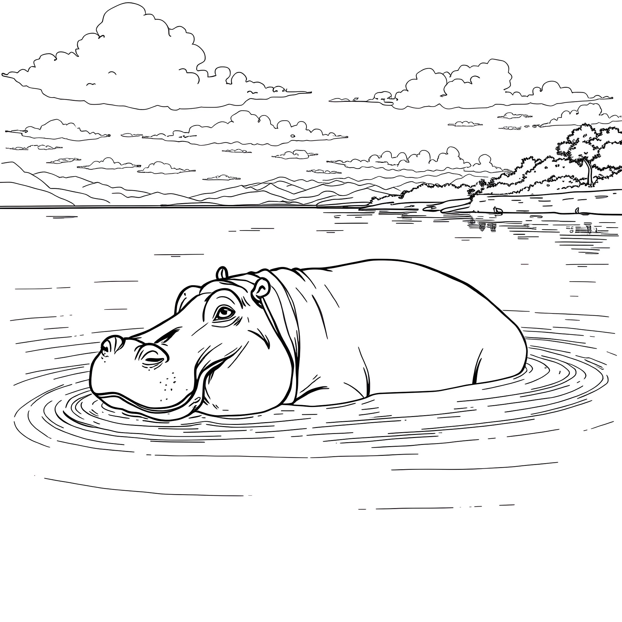 Hippopotamus lounging in serene lake Coloring Page (free black-and-white line drawing printable PDF for all, from beginners to advanced learners, including children, teens, adults, and seniors)