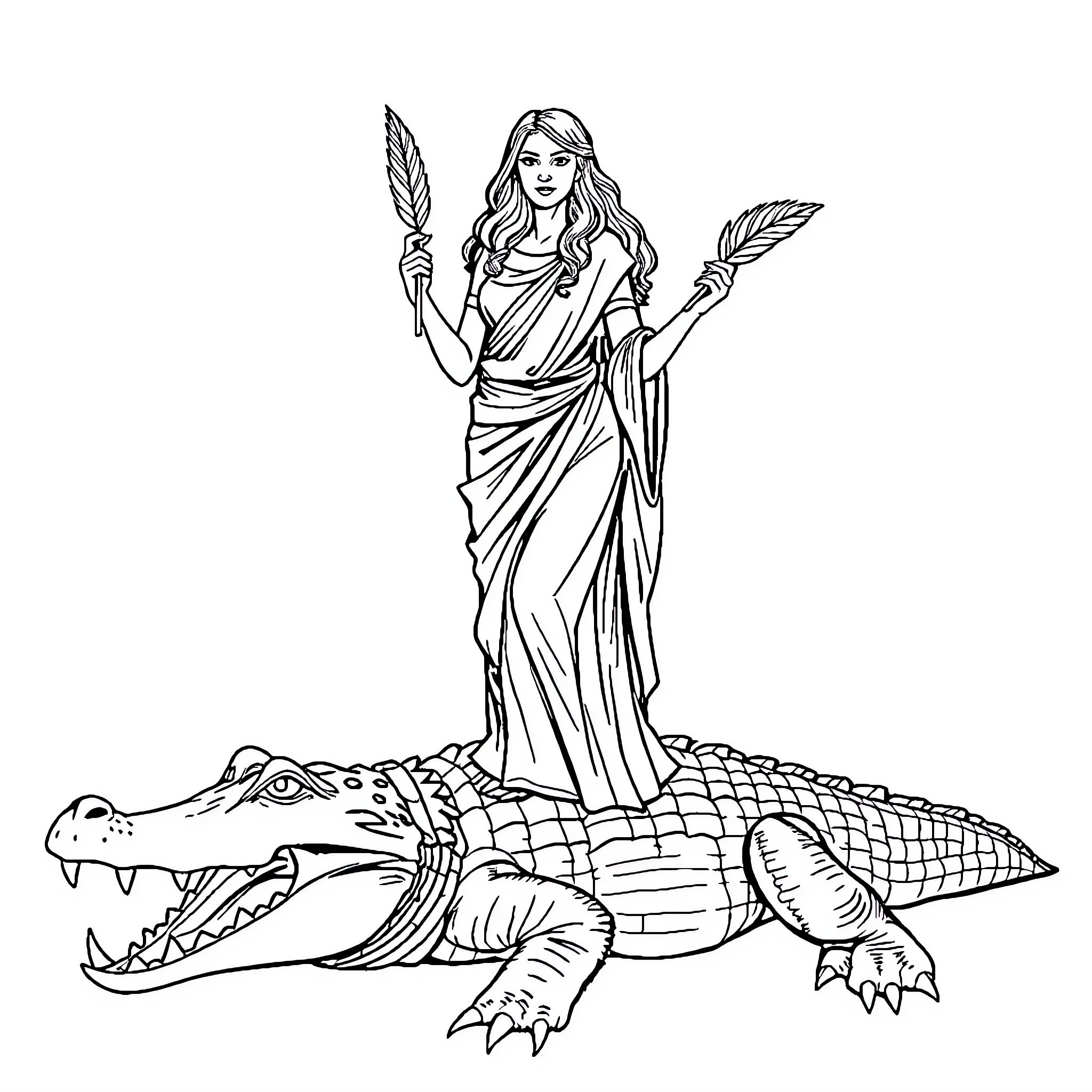 Lady standing gracefully on an alligator Coloring Page (free black-and-white line drawing printable PDF for all, from beginners to advanced learners, including children, teens, adults, and seniors)