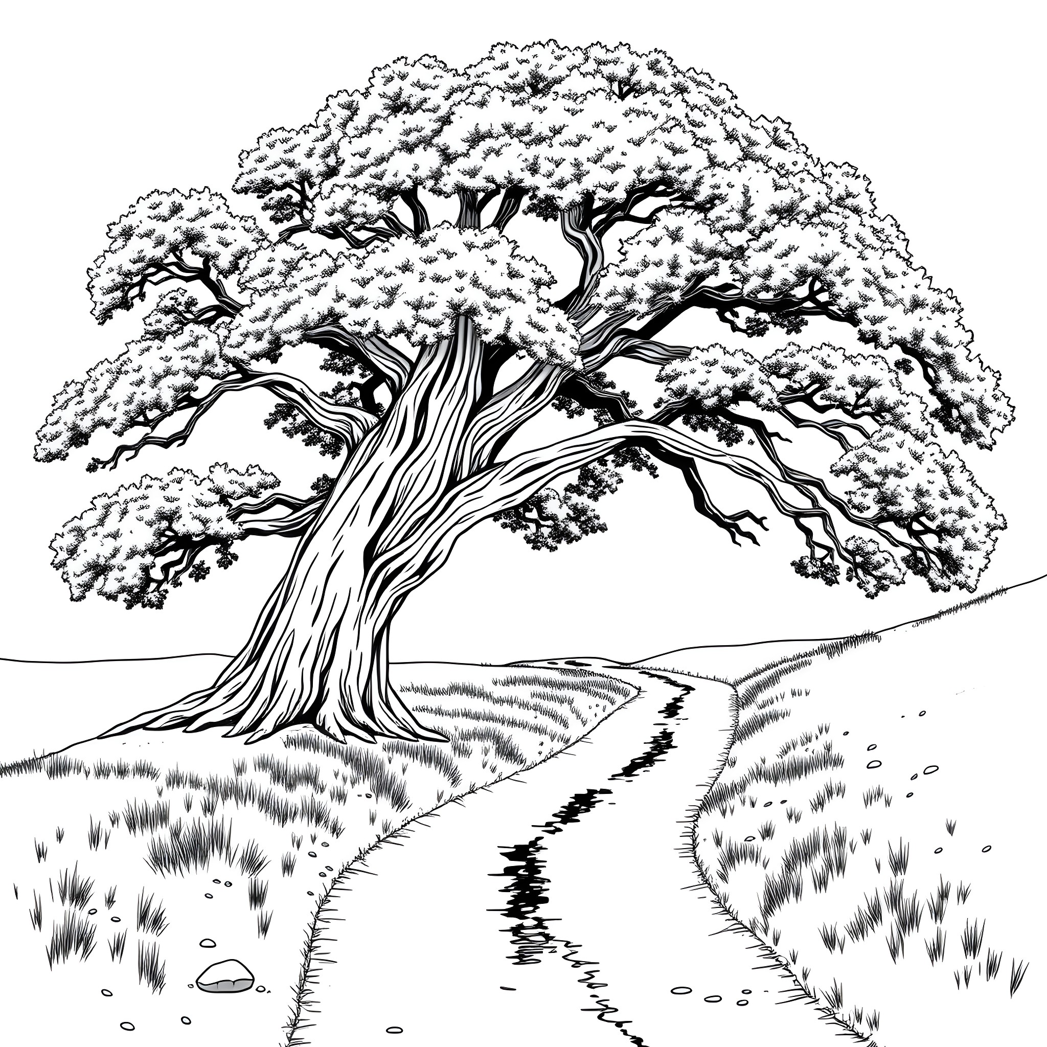 Tree with twisted branches in snowy landscape Coloring Page (free black-and-white line drawing printable PDF for all, from beginners to advanced learners, including children, teens, adults, and seniors)