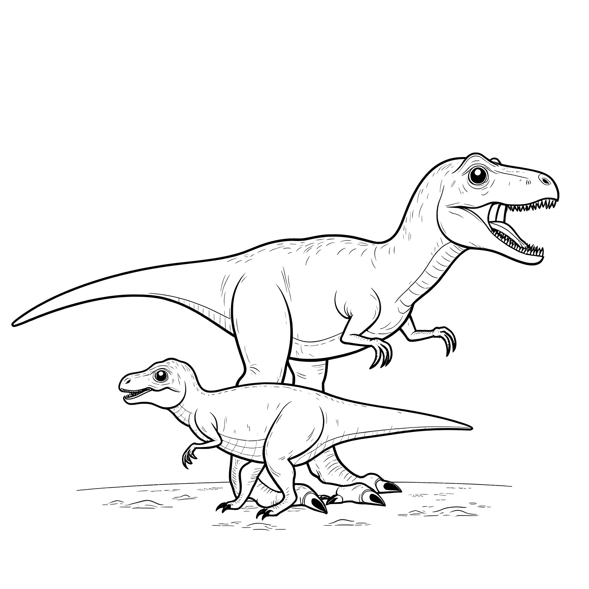Tyrannosaurus dinosaurs roaming in prehistoric landscape Coloring Page (free black-and-white line drawing printable PDF for all, from beginners to advanced learners, including children, teens, adults, and seniors)