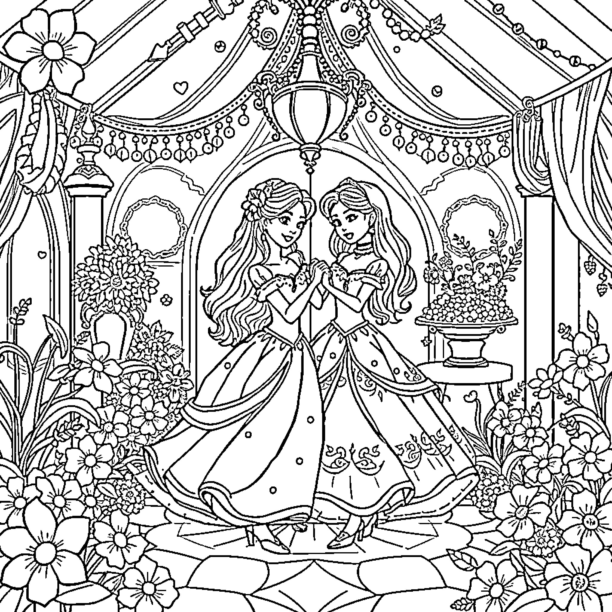 Isabela's Enchanted Ballroom Adventure Coloring Page (free black-and-white line drawing printable PDF for all, from beginners to advanced learners, including children, teens, adults, and seniors)