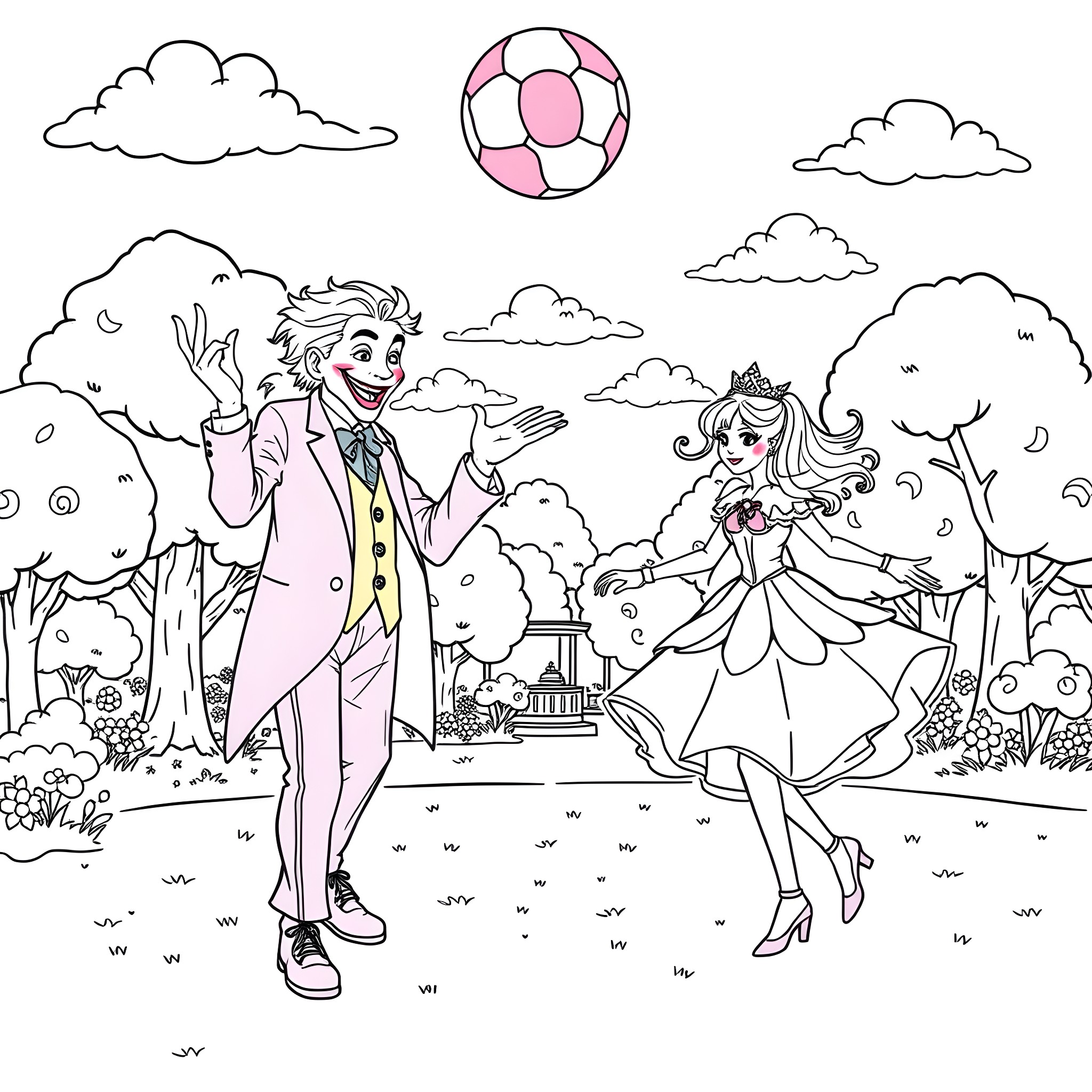 Joker playing with a princess in a whimsical park Coloring Page (free black-and-white line drawing printable PDF for all, from beginners to advanced learners, including children, teens, adults, and seniors)