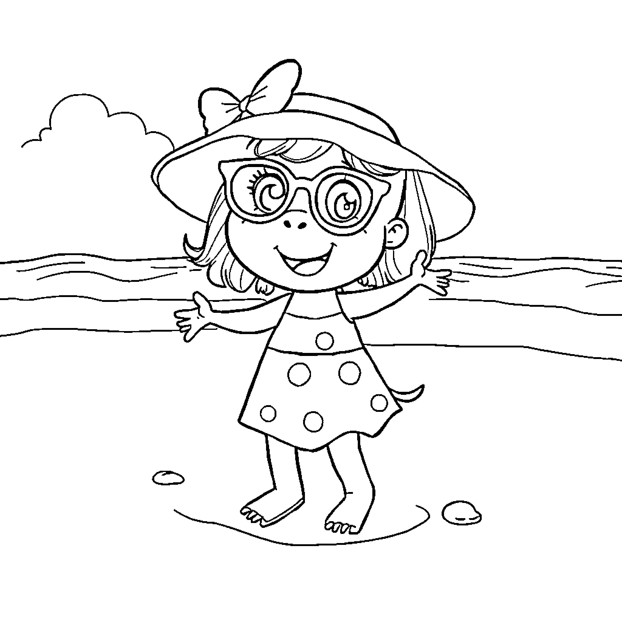 Pepa Ping having fun at the beach Coloring Page (free black-and-white line drawing printable PDF for all, from beginners to advanced learners, including children, teens, adults, and seniors)