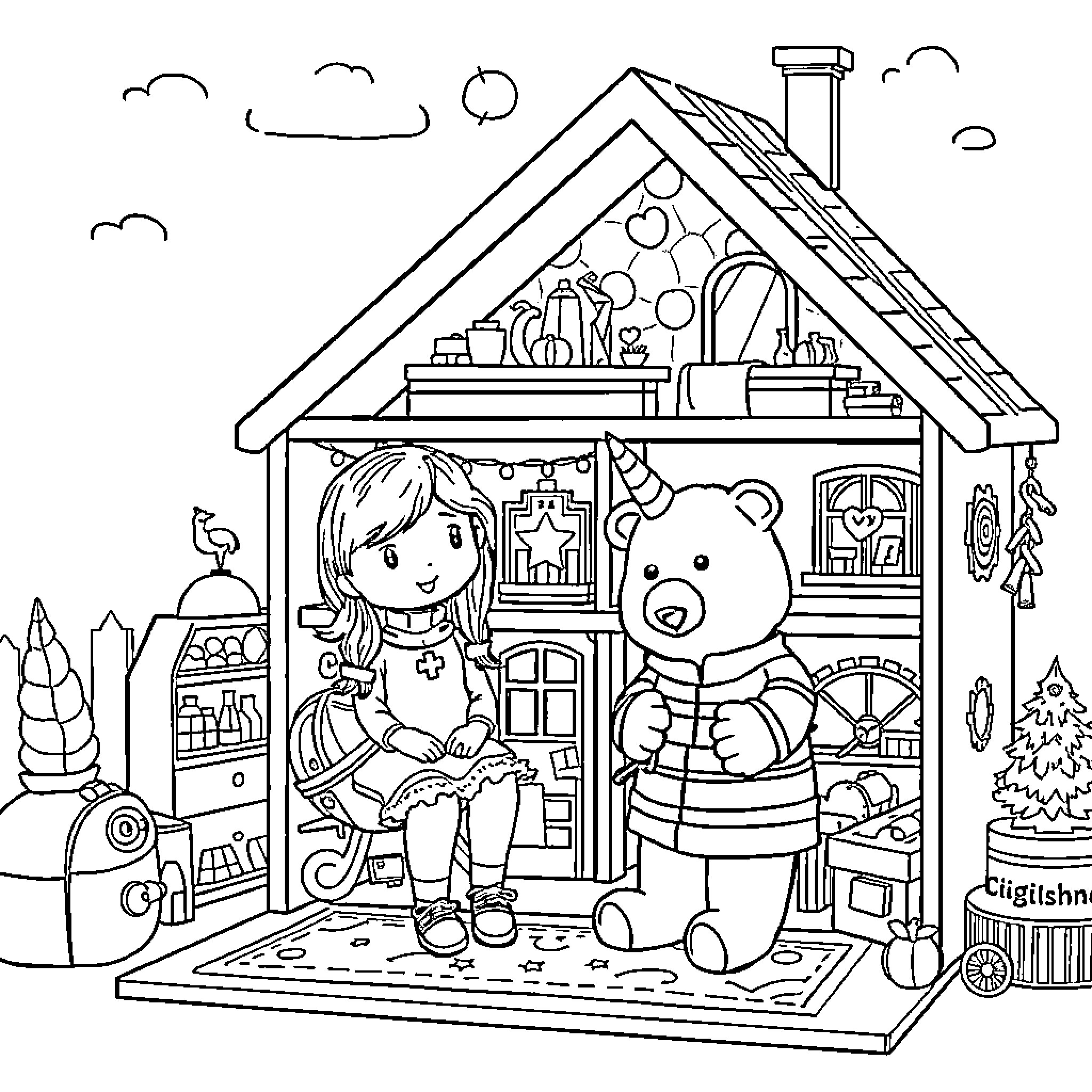 Gabby's Dollhouse: Girl and Teddy Bear Playing in Cozy Home Coloring Page (free black-and-white line drawing printable PDF for all, from beginners to advanced learners, including children, teens, adults, and seniors)