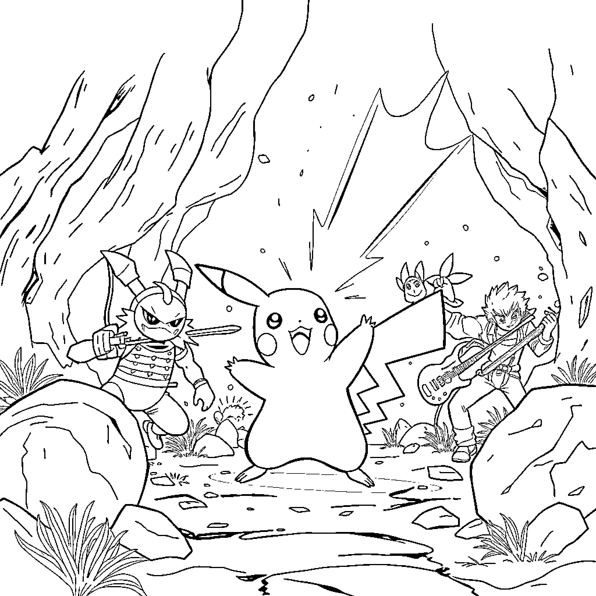 Pikachu and friends embarking on an adventure Coloring Page (free black-and-white line drawing printable PDF for all, from beginners to advanced learners, including children, teens, adults, and seniors)