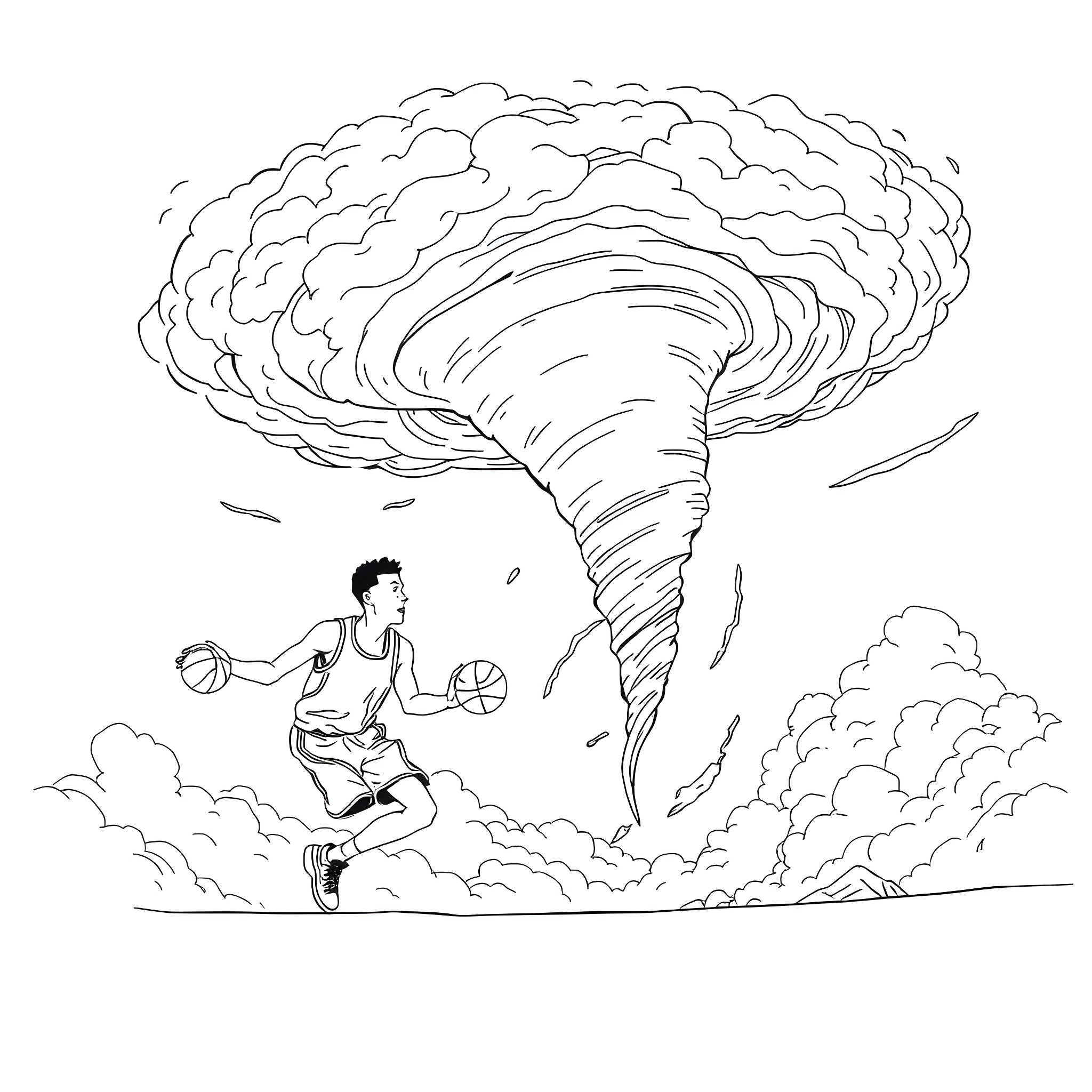 Basketball Player Defying Gravity in Tornado-Like Storm Coloring Page (free black-and-white line drawing printable PDF for all, from beginners to advanced learners, including children, teens, adults, and seniors)