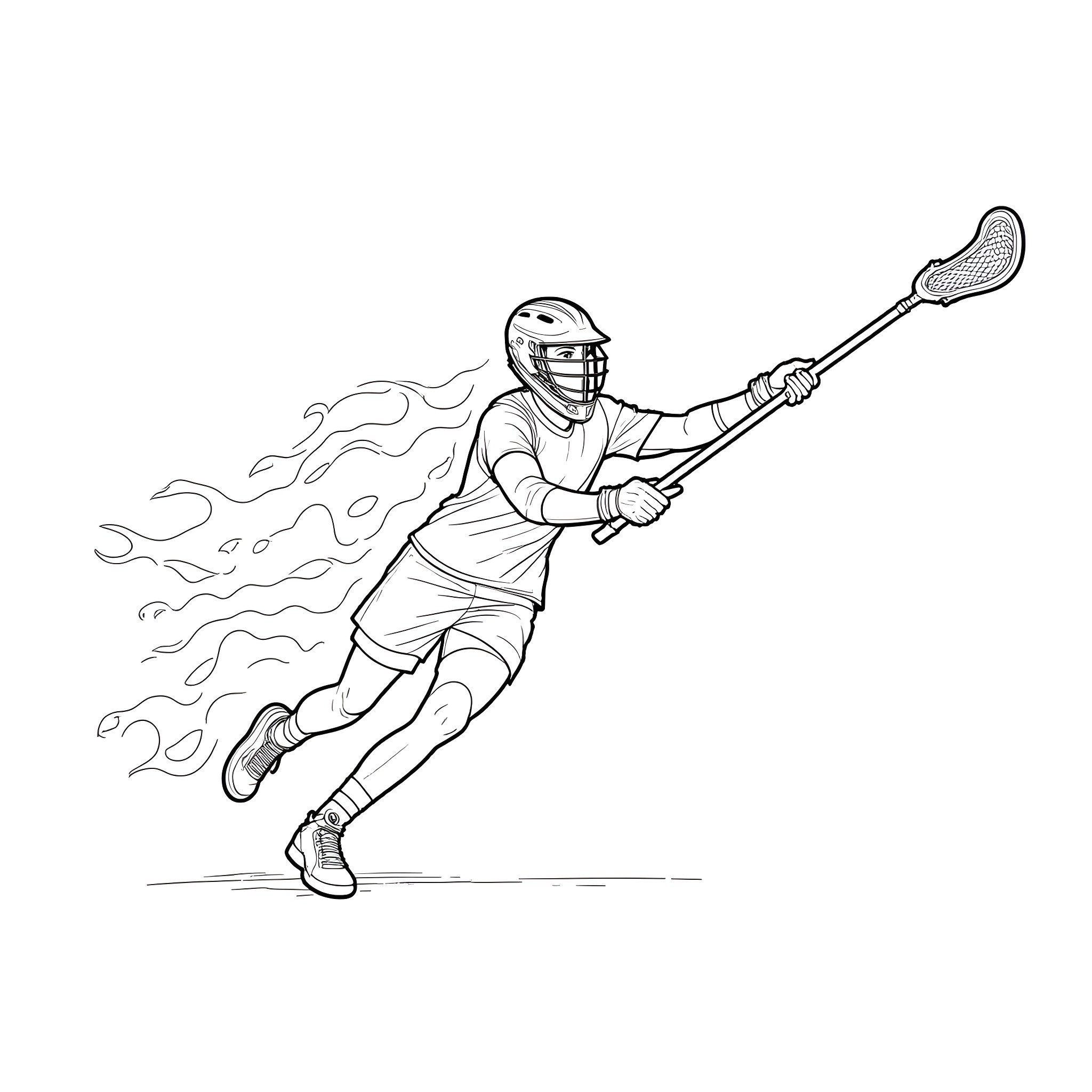Lacrosse player in action with flowing motion Coloring Page (free black-and-white line drawing printable PDF for all, from beginners to advanced learners, including children, teens, adults, and seniors)