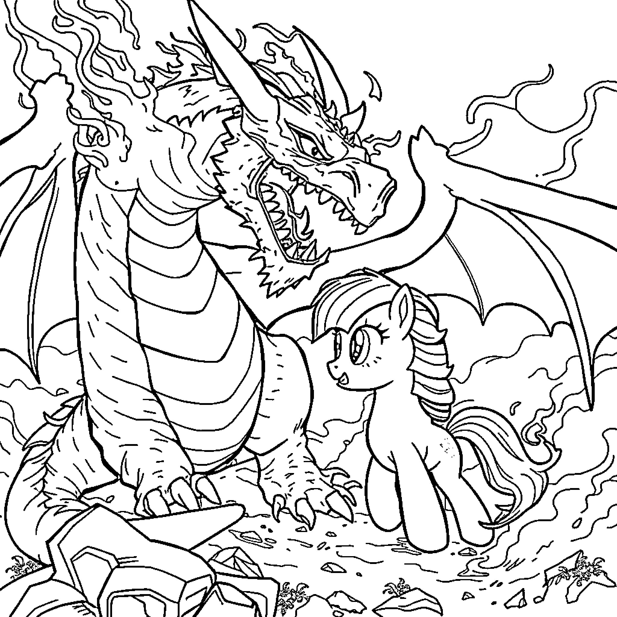 Pony and ferocious dragon in epic battle Coloring Page (free black-and-white line drawing printable PDF for all, from beginners to advanced learners, including children, teens, adults, and seniors)