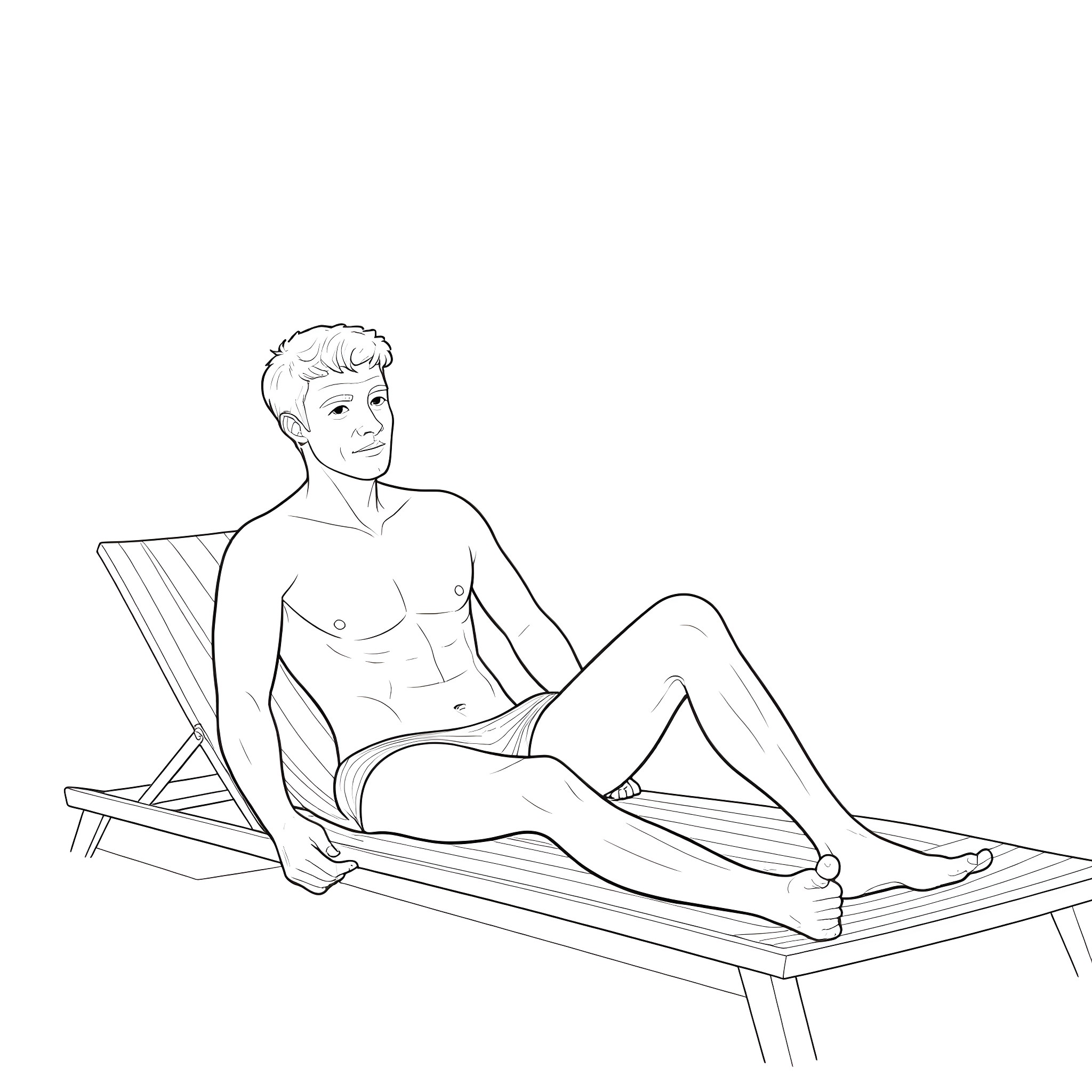 Man relaxing on a lounge chair Coloring Page (free black-and-white line drawing printable PDF for all, from beginners to advanced learners, including children, teens, adults, and seniors)