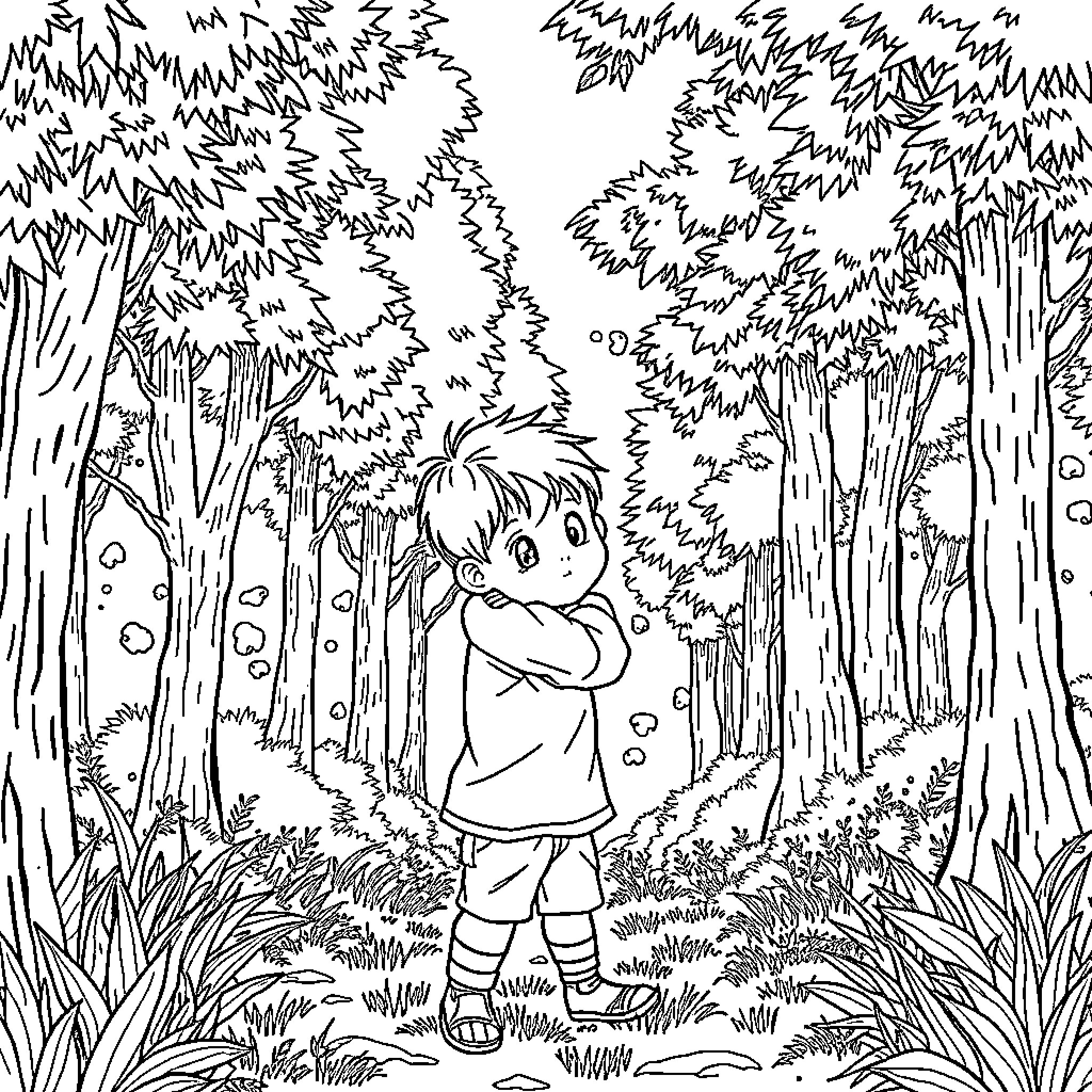 Niño exploring the lush forest Coloring Page (free black-and-white line drawing printable PDF for all, from beginners to advanced learners, including children, teens, adults, and seniors)