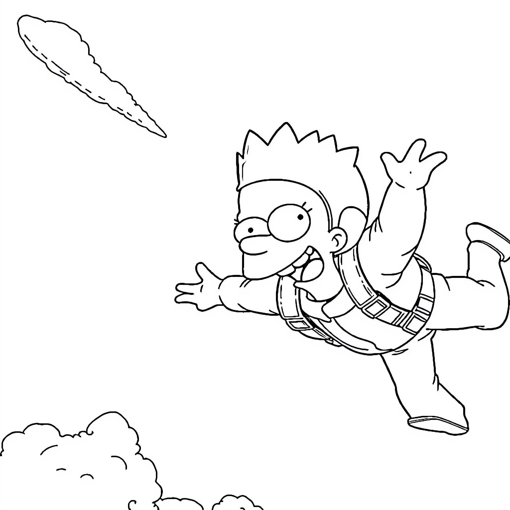Bart Simpson flying through the air with excitement Coloring Page (free black-and-white line drawing printable PDF for all, from beginners to advanced learners, including children, teens, adults, and seniors)