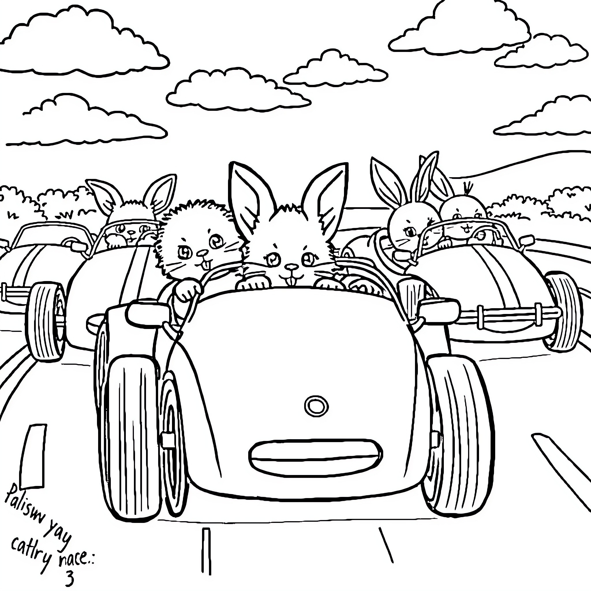 Kitten friends riding in a car Coloring Page (free black-and-white line drawing printable PDF for all, from beginners to advanced learners, including children, teens, adults, and seniors)