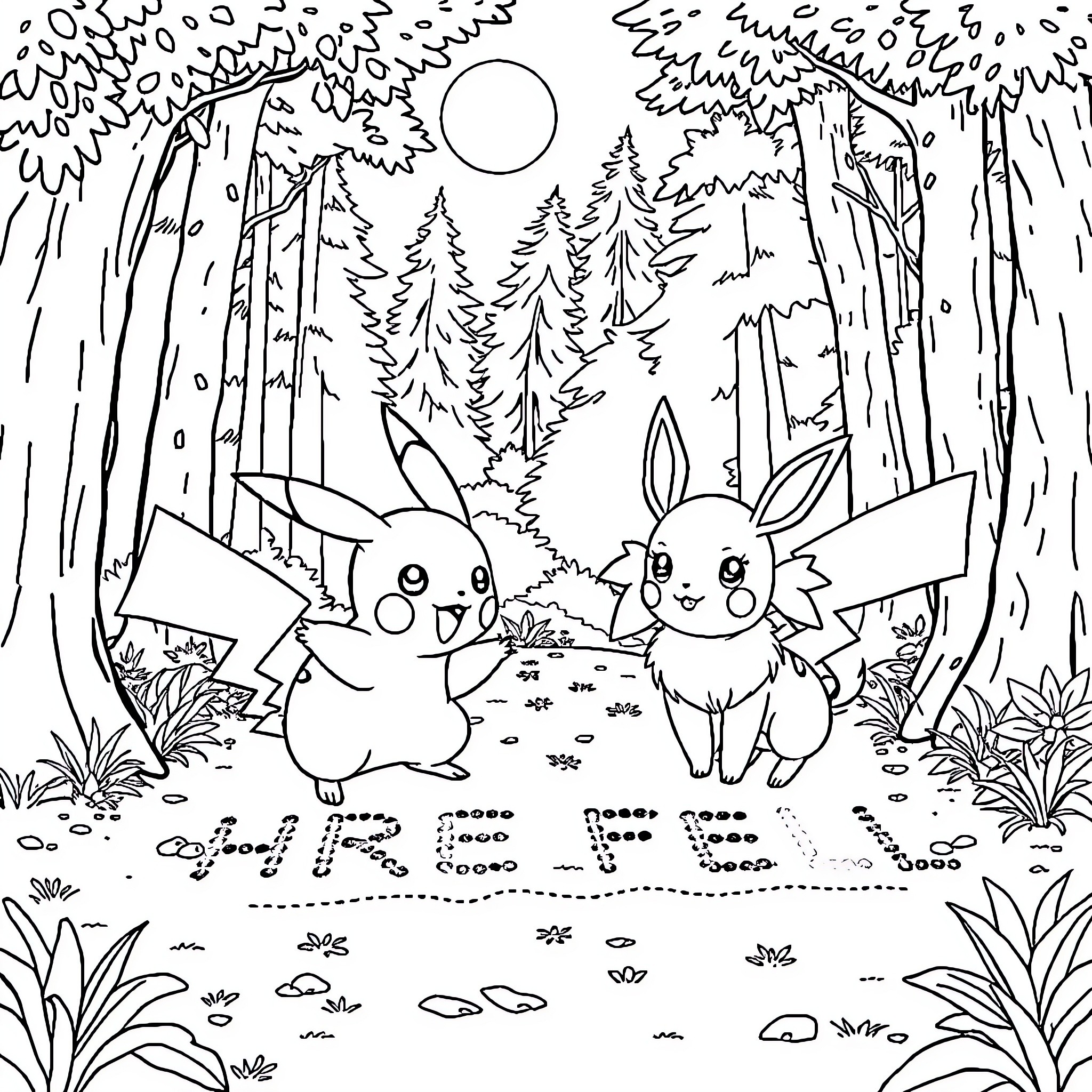 Pikachu and Eevee Playing in the Forest Coloring Page (free black-and-white line drawing printable PDF for all, from beginners to advanced learners, including children, teens, adults, and seniors)