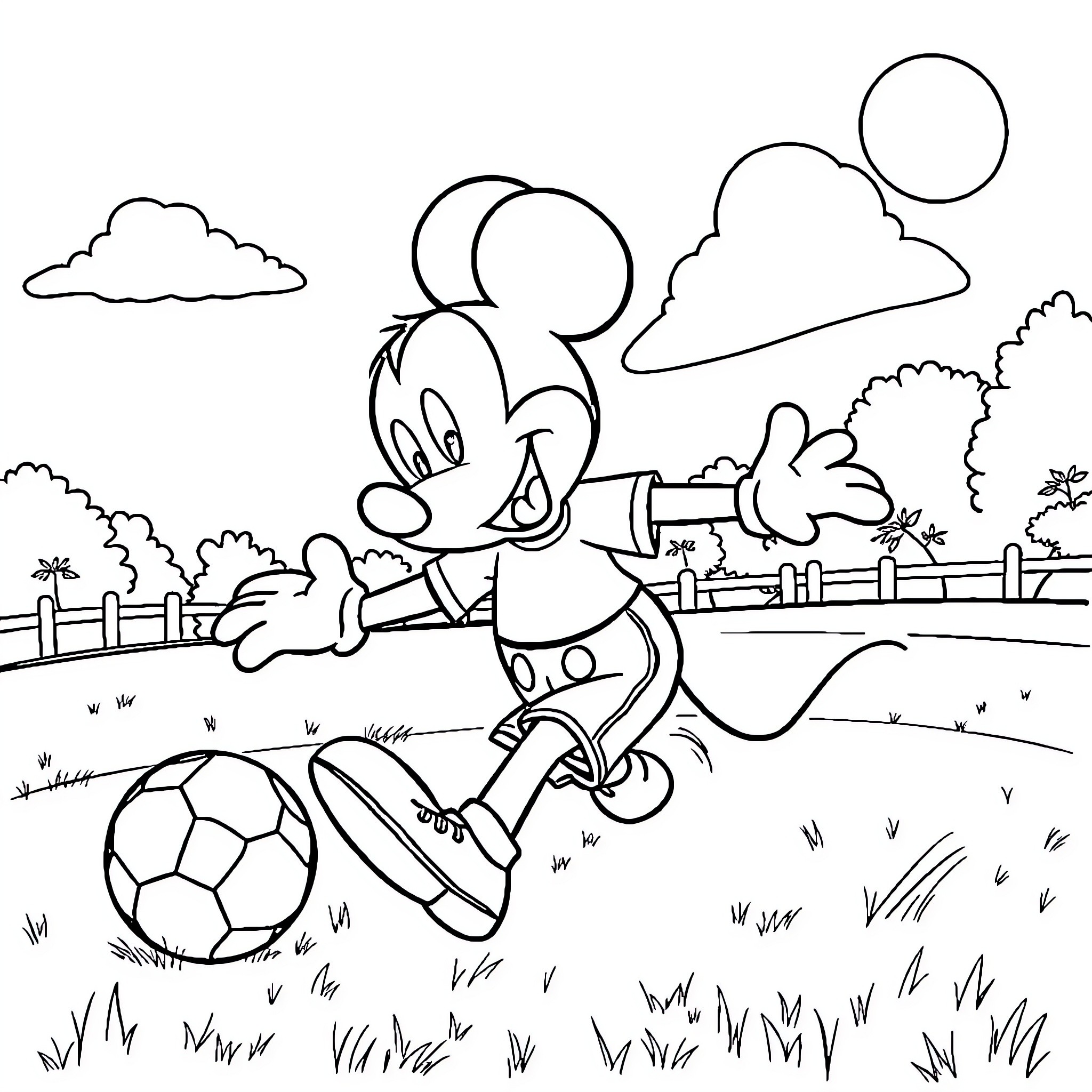 Mickey Mouse playing soccer in a field Coloring Page (free black-and-white line drawing printable PDF for all, from beginners to advanced learners, including children, teens, adults, and seniors)