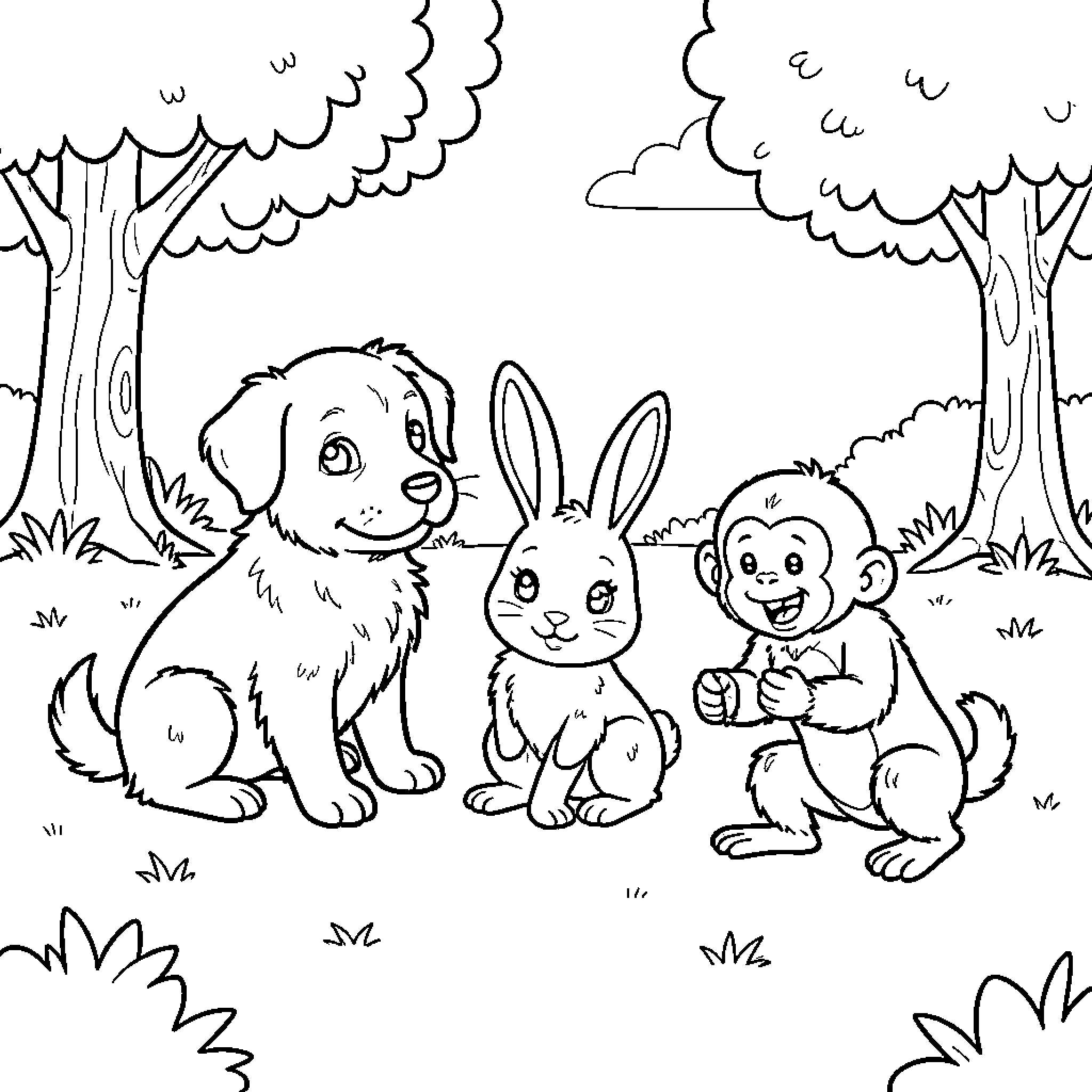 Chienne and friends playing together in the forest Coloring Page (free black-and-white line drawing printable PDF for all, from beginners to advanced learners, including children, teens, adults, and seniors)