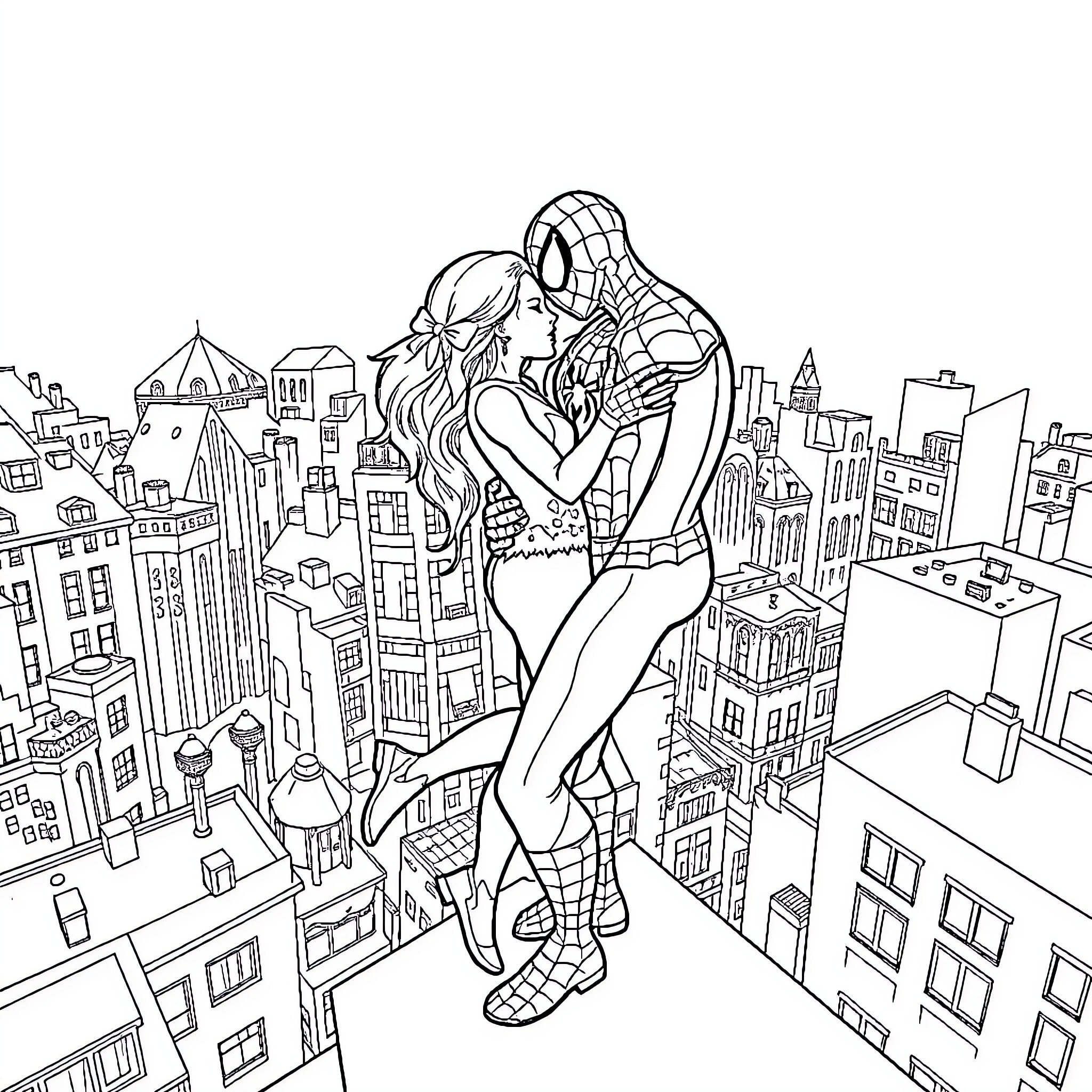 Spiderman rescuing a woman in the city Coloring Page (free black-and-white line drawing printable PDF for all, from beginners to advanced learners, including children, teens, adults, and seniors)