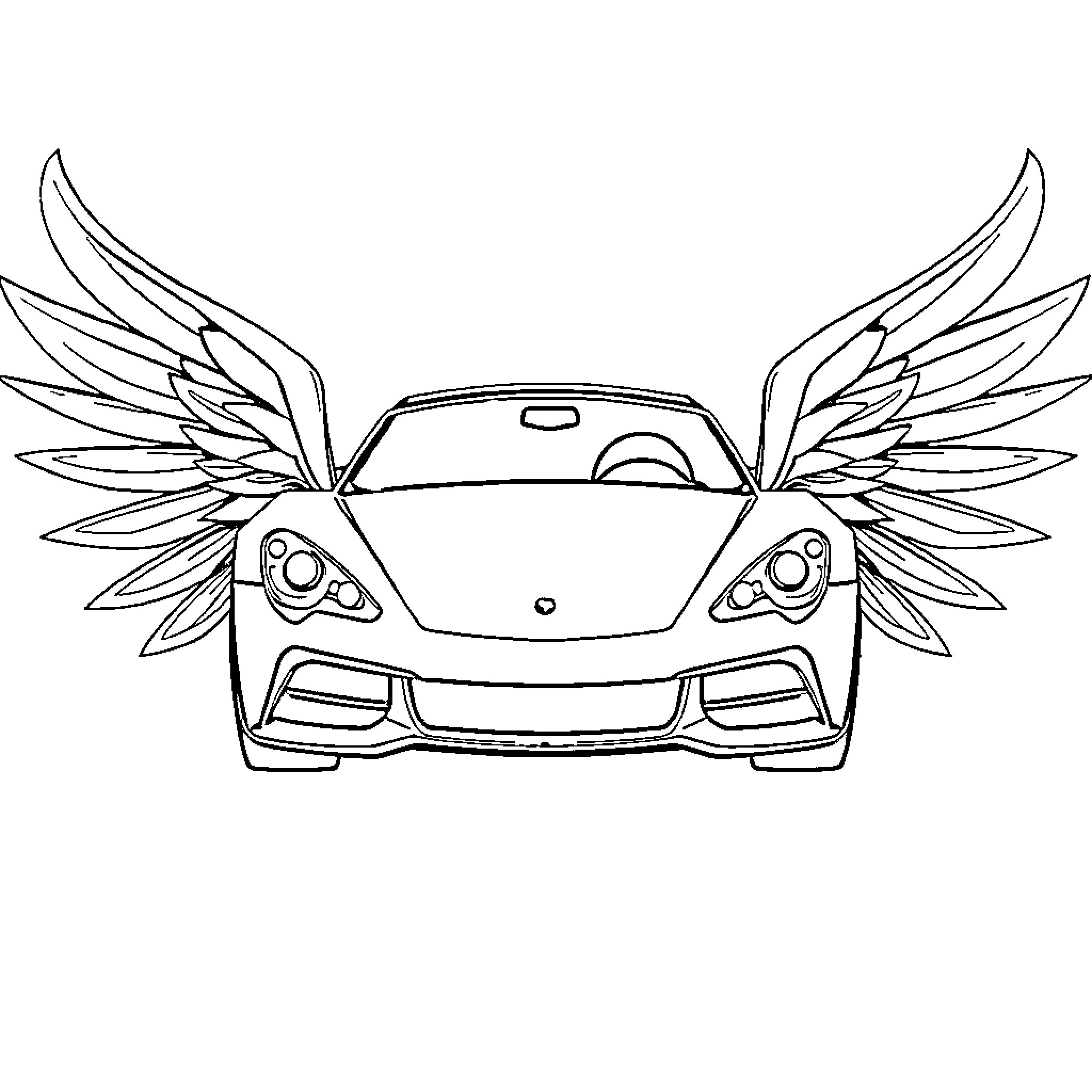 Car with wings speeding through the sky Coloring Page (free black-and-white line drawing printable PDF for all, from beginners to advanced learners, including children, teens, adults, and seniors)