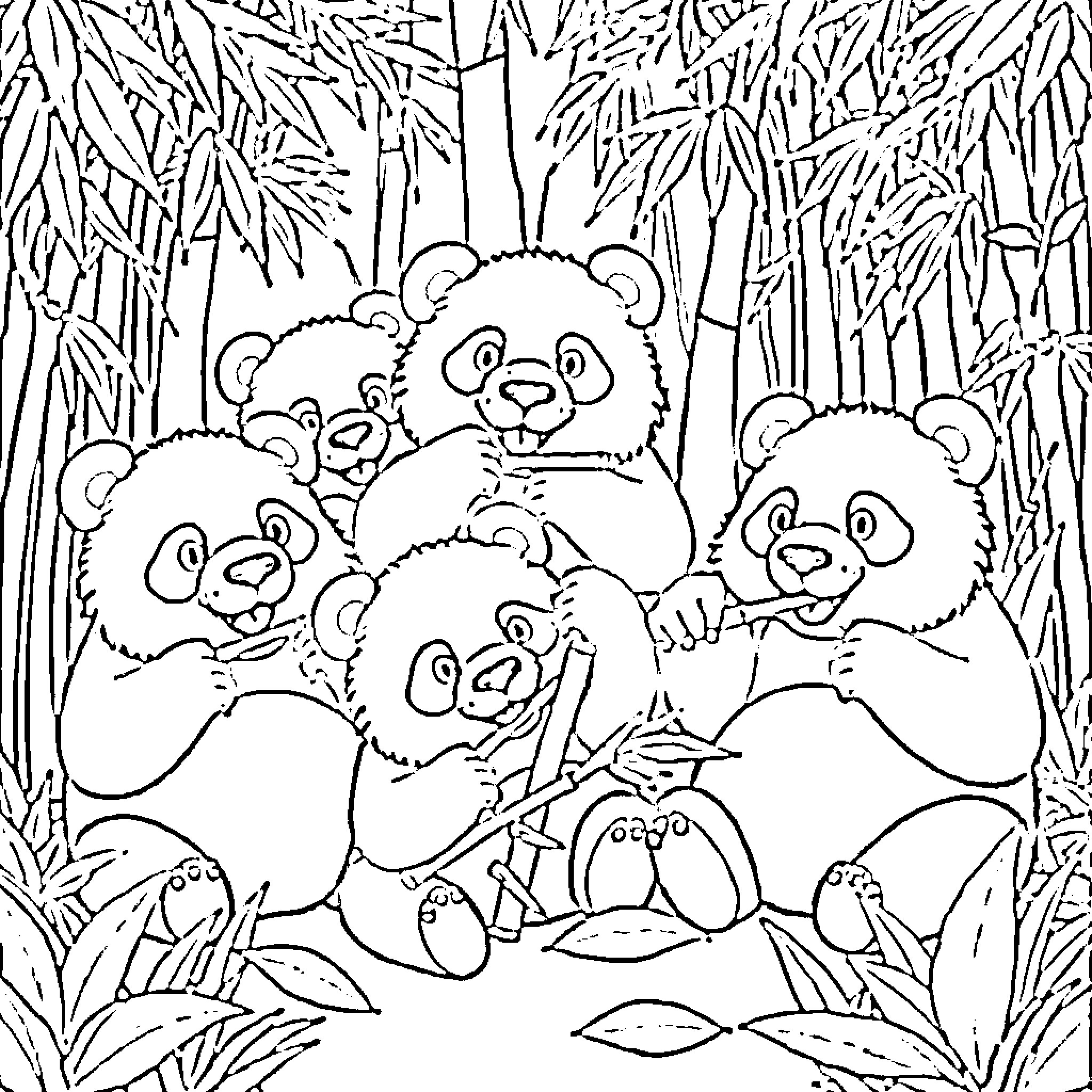 Panda family exploring bamboo forest Coloring Page (free black-and-white line drawing printable PDF for all, from beginners to advanced learners, including children, teens, adults, and seniors)