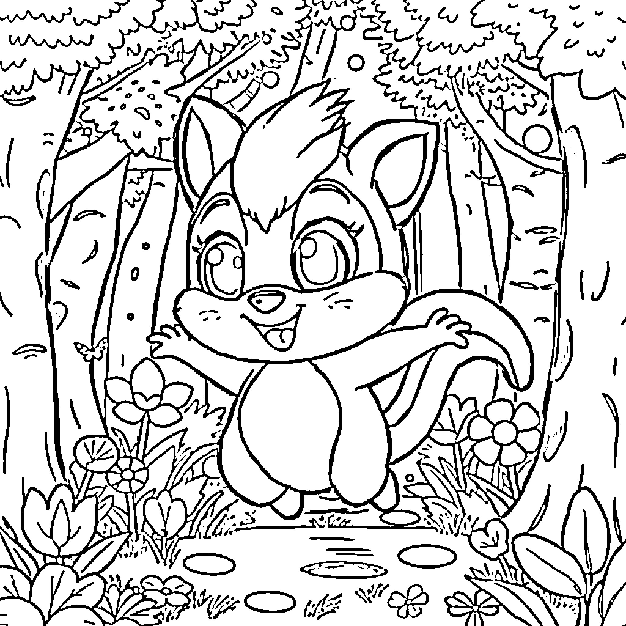 Sprunki playing happily in the forest Coloring Page (free black-and-white line drawing printable PDF for all, from beginners to advanced learners, including children, teens, adults, and seniors)
