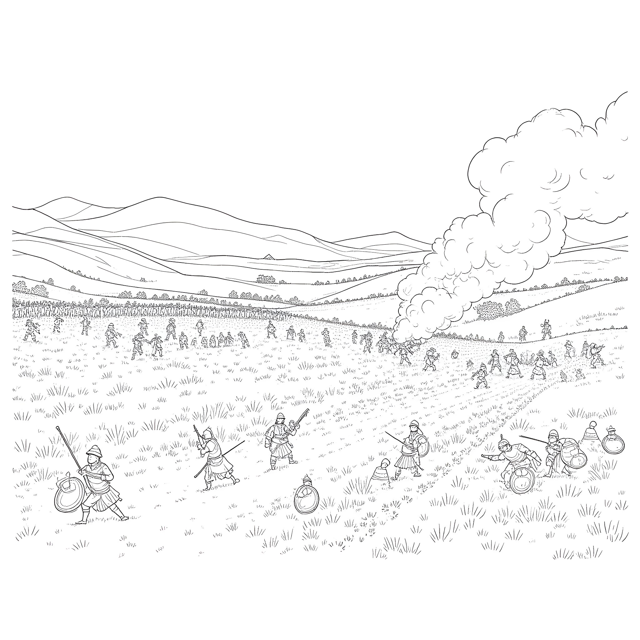 War on the battlefield with armed soldiers and explosions Coloring Page (free black-and-white line drawing printable PDF for all, from beginners to advanced learners, including children, teens, adults, and seniors)