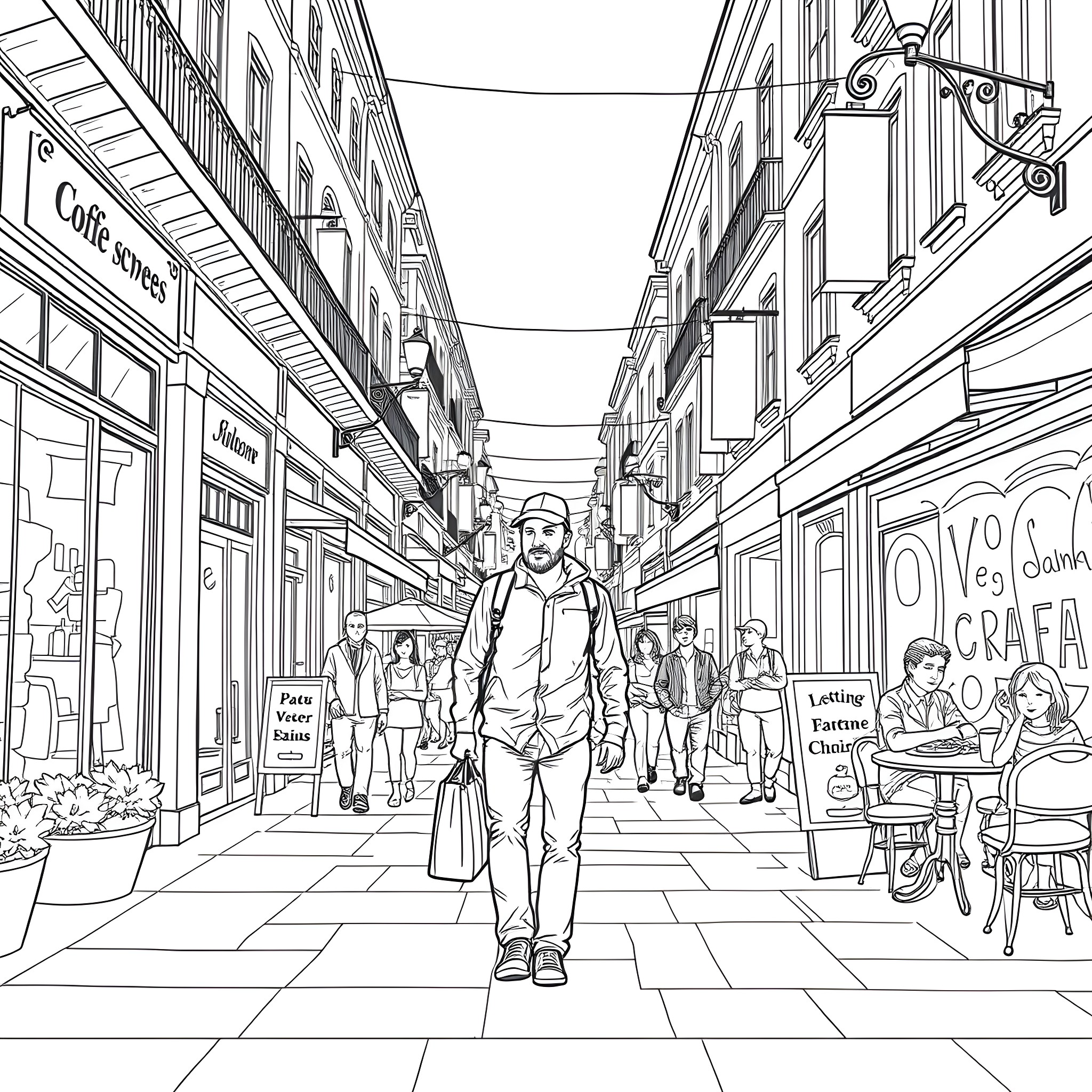 Guy walking down a busy city street Coloring Page (free black-and-white line drawing printable PDF for all, from beginners to advanced learners, including children, teens, adults, and seniors)