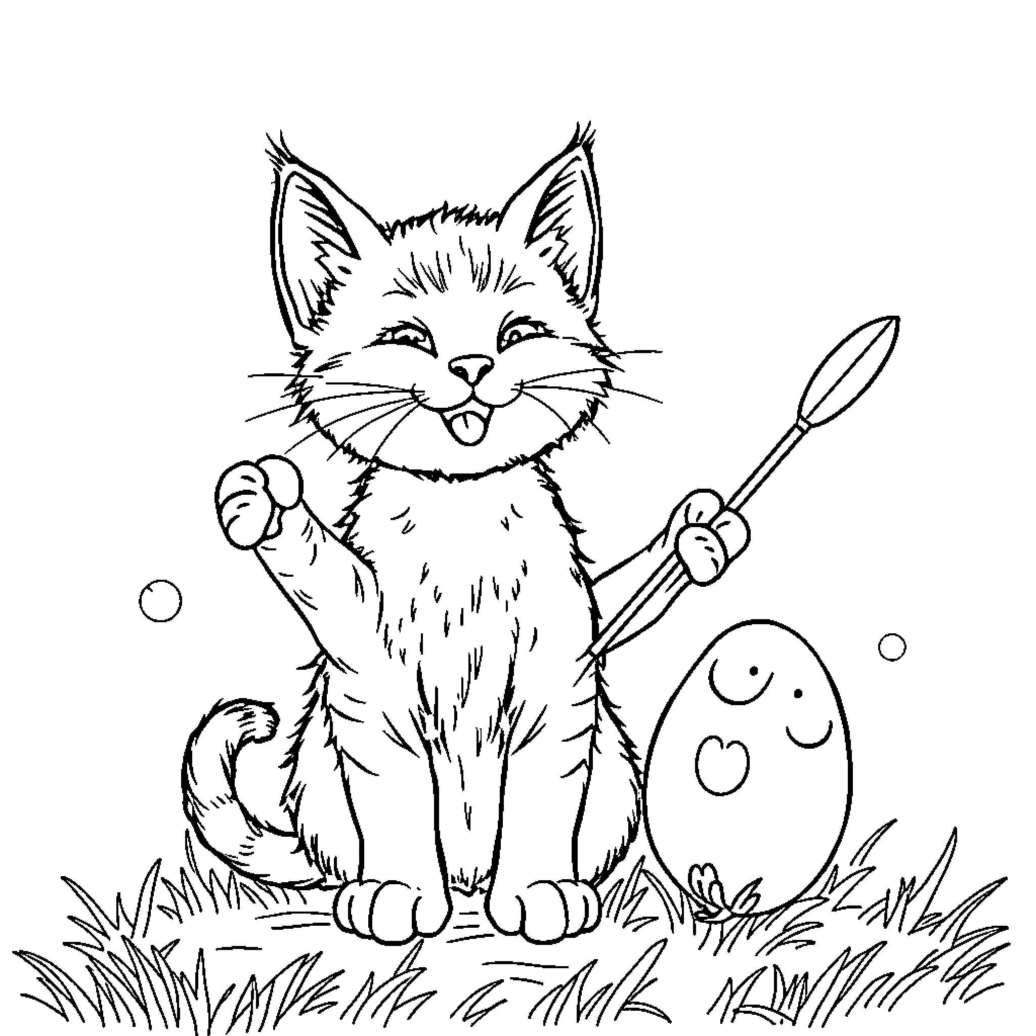 Kitten playing joyfully with feather toy Coloring Page (free black-and-white line drawing printable PDF for all, from beginners to advanced learners, including children, teens, adults, and seniors)