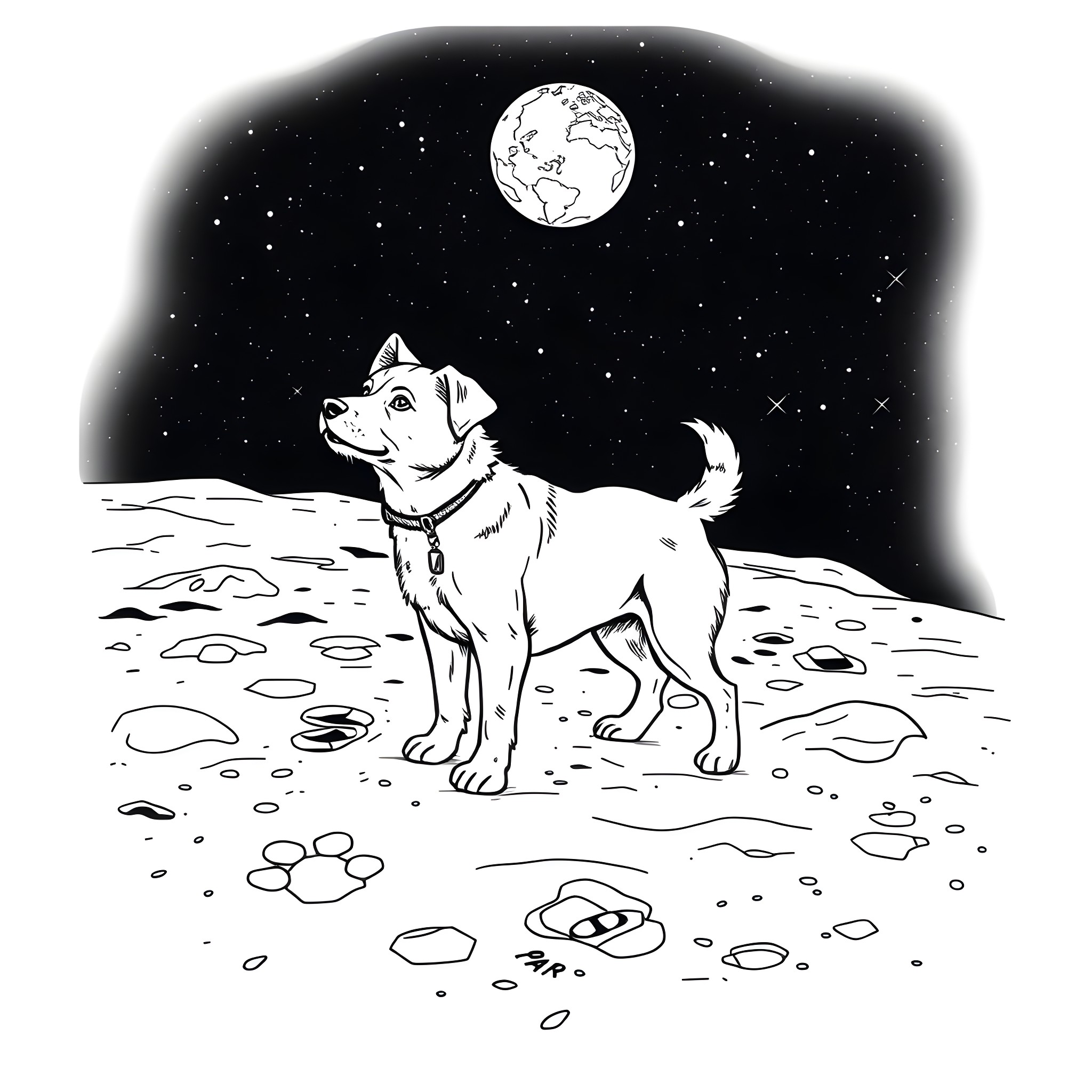 Dog exploring the lunar landscape under the moonlight Coloring Page (free black-and-white line drawing printable PDF for all, from beginners to advanced learners, including children, teens, adults, and seniors)