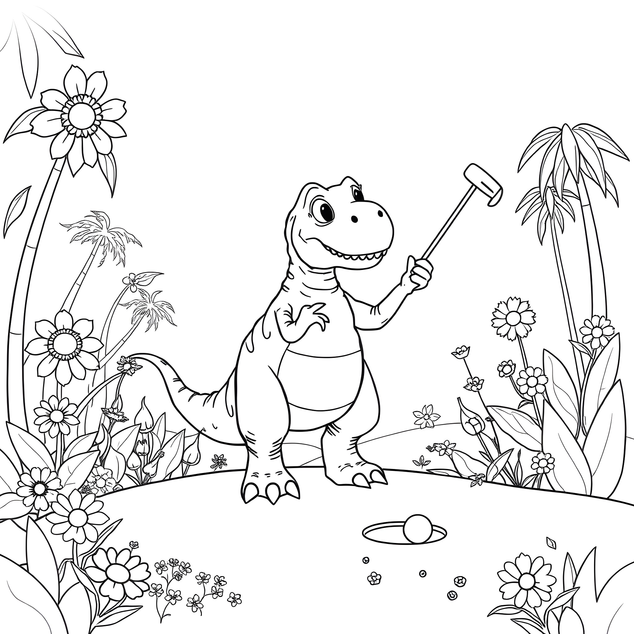 Dinosaur playing in a lush, flowering landscape Coloring Page (free black-and-white line drawing printable PDF for all, from beginners to advanced learners, including children, teens, adults, and seniors)