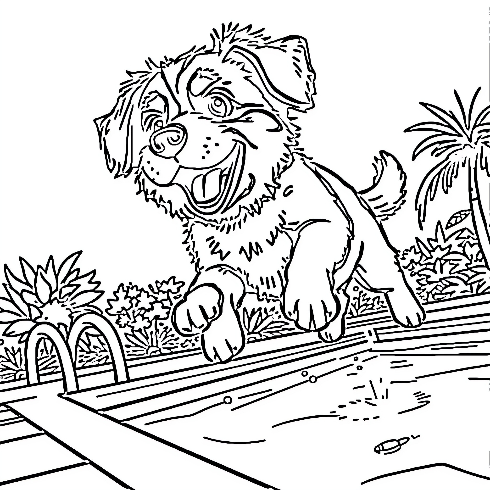 Dog happily playing in a tropical garden Coloring Page (free black-and-white line drawing printable PDF for all, from beginners to advanced learners, including children, teens, adults, and seniors)
