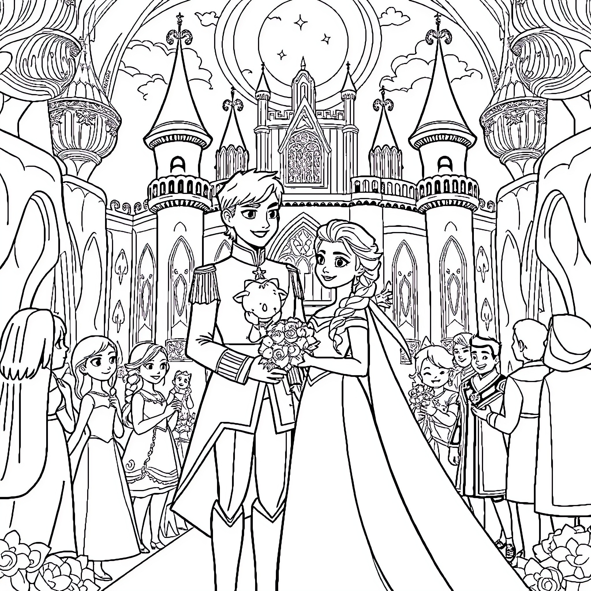 Prince and Princess in a Magical Castle Scene Coloring Page (free black-and-white line drawing printable PDF for all, from beginners to advanced learners, including children, teens, adults, and seniors)