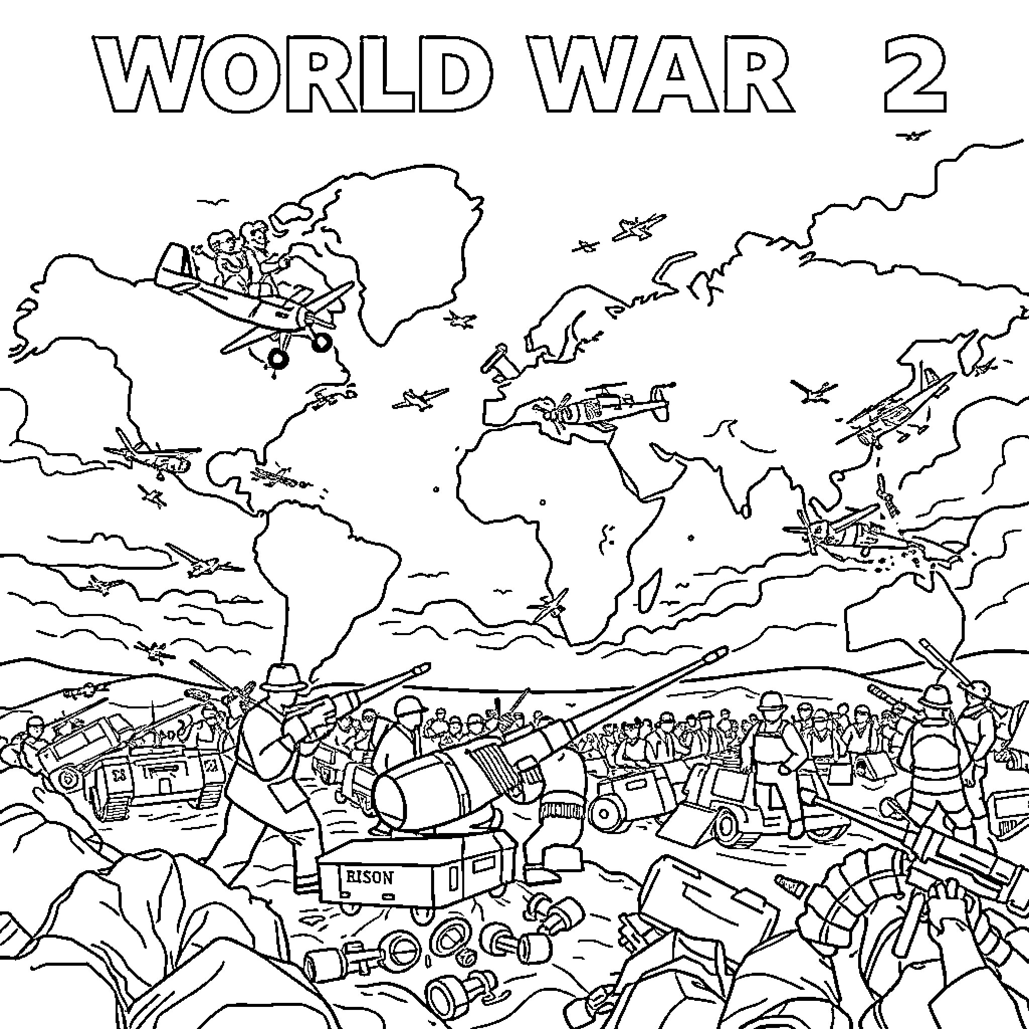 World War 2 Military Vehicles and Soldiers in Battle Coloring Page (free black-and-white line drawing printable PDF for all, from beginners to advanced learners, including children, teens, adults, and seniors)