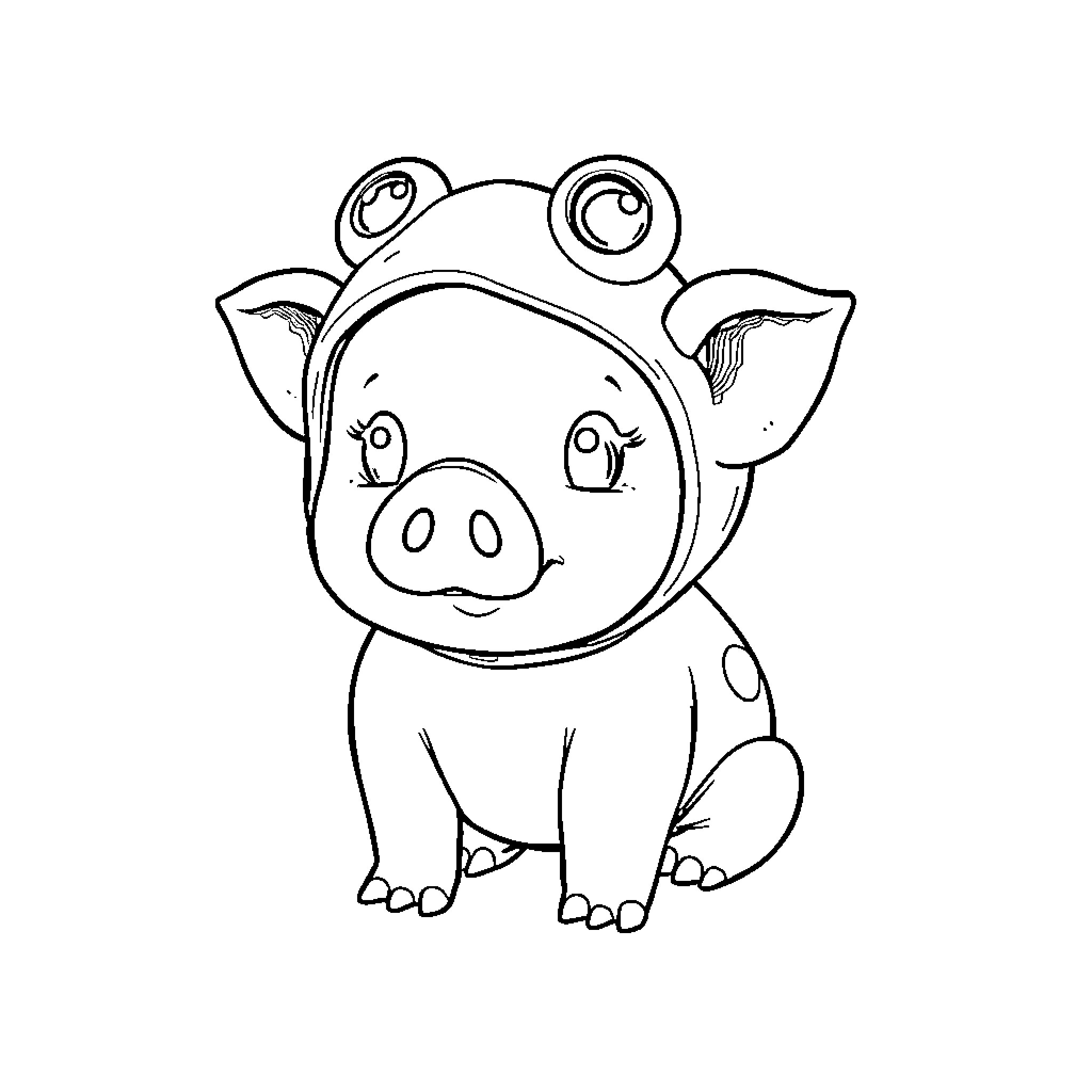 Pig with Expressive Features Coloring Page (free black-and-white line drawing printable PDF for all, from beginners to advanced learners, including children, teens, adults, and seniors)