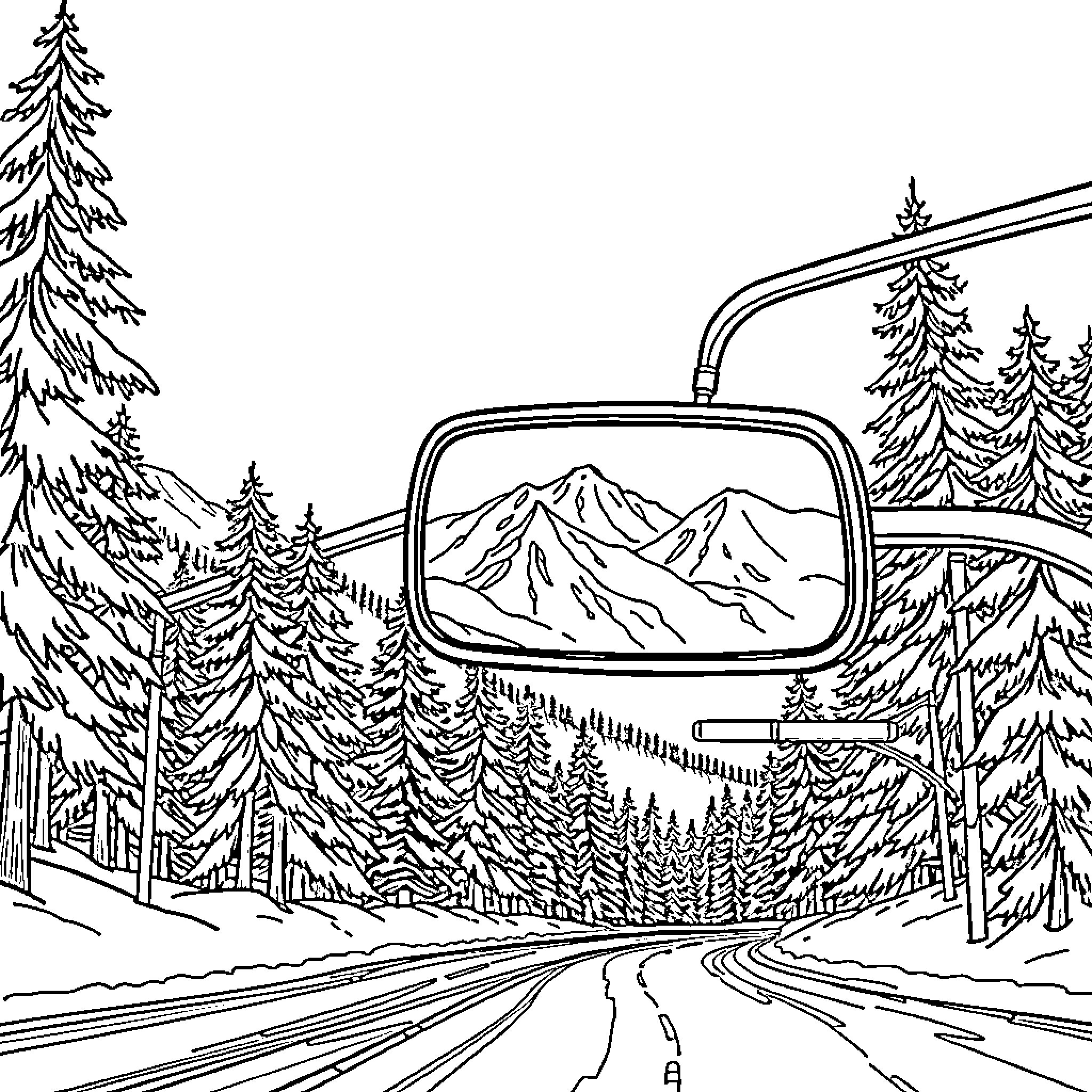 Traffic Mirror Reflecting Snowy Mountain Landscape Coloring Page (free black-and-white line drawing printable PDF for all, from beginners to advanced learners, including children, teens, adults, and seniors)